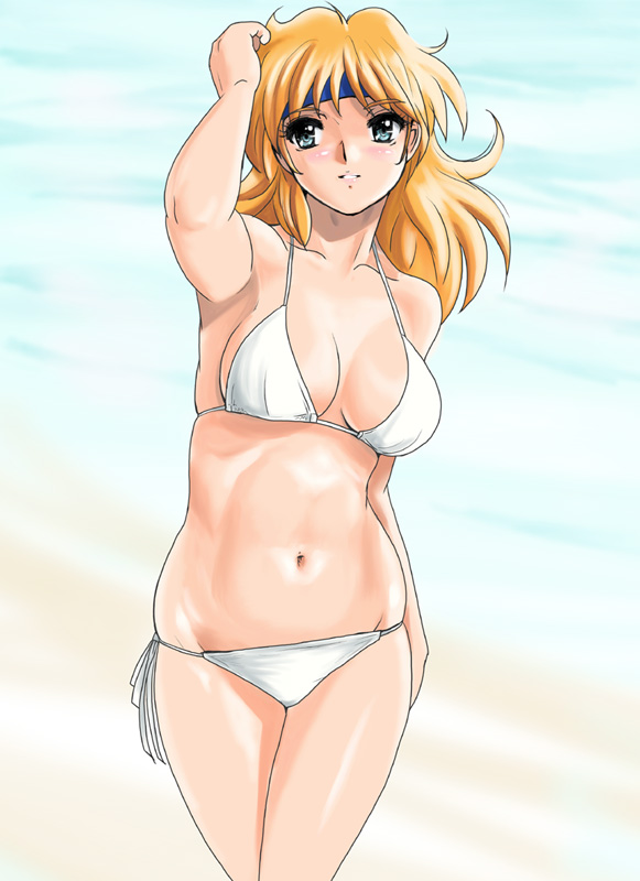 shu-z, lune zoldark, banpresto, super robot wars, super robot wars original generation, super robot wars the lord of elemental, 1girl, bikini, blonde hair, female focus, headband, shiny skin, solo, swimsuit, white bikini