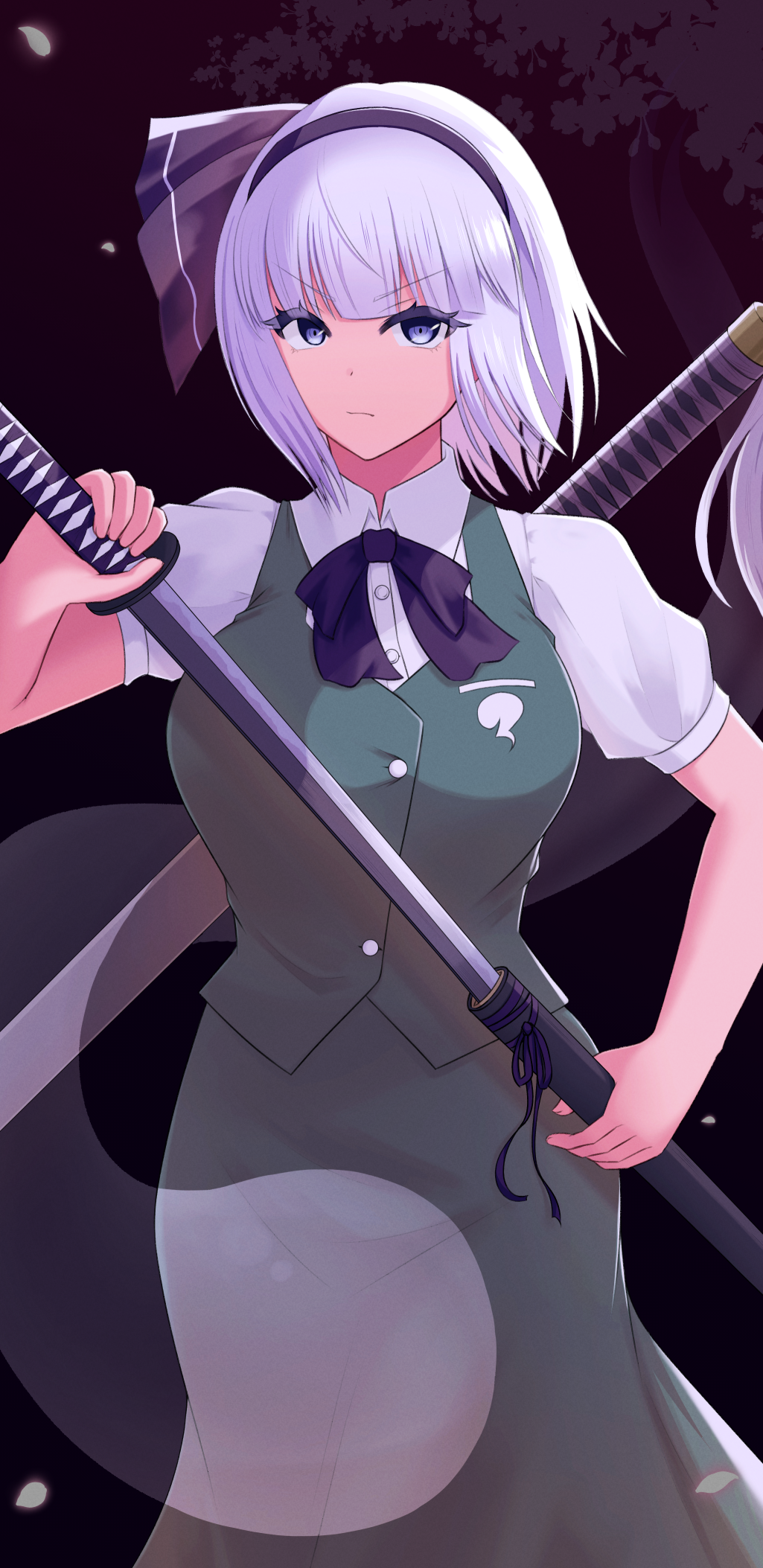 konpaku youmu, konpaku youmu (ghost), touhou, commentary, highres, 1girl, black bow, black bowtie, black hairband, bow, bowtie, expressionless, green skirt, green vest, hair bow, hairband, hitodama, hitodama print, holding, holding sword, holding weapon, katana, looking at viewer, mumeinameless, print vest, puffy short sleeves, puffy sleeves, sheath, sheathed, short hair, short sleeves, skirt, skirt set, solo, sword, v-shaped eyebrows, vest, weapon, white hair