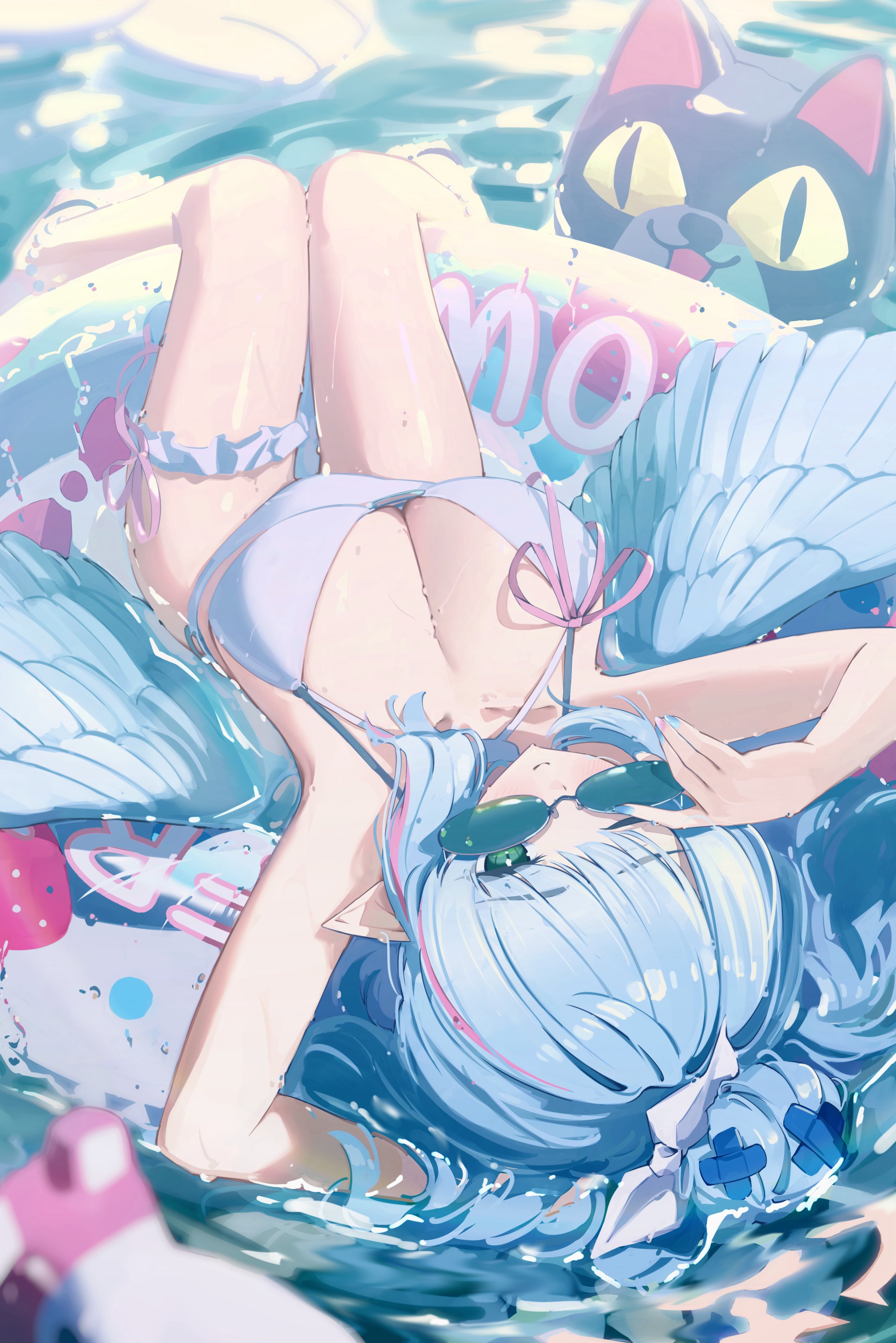tamagore, mine (blue archive), blue archive, absurdres, highres, 1girl, adjusting eyewear, bikini, blue-tinted eyewear, blue hair, blue nails, blue wings, breasts, cleavage, closed mouth, feathered wings, frilled thigh strap, green eyes, innertube, large breasts, looking at viewer, looking over eyewear, lying, multicolored hair, on back, one eye closed, pointy ears, smile, solo, sunglasses, swim ring, swimsuit, thigh strap, tinted eyewear, upside-down, water, white bikini, wings