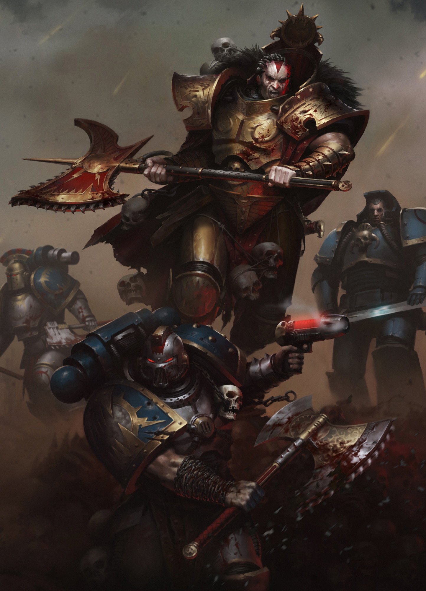 mikhail savier, adeptus astartes, angron, warhammer 40k, commentary, english commentary, highres, official art, 4boys, angry, armor, armor of mars (warhammer), axe, battle, blood, blood on armor, blood splatter, blue armor, chain, chain axe, closed mouth, cloud, cloudy sky, fur trim, gold armor, holding, holding axe, multiple boys, muscular, muscular male, outdoors, primarch, red eyes, running, skull, sky, solo focus, world eaters