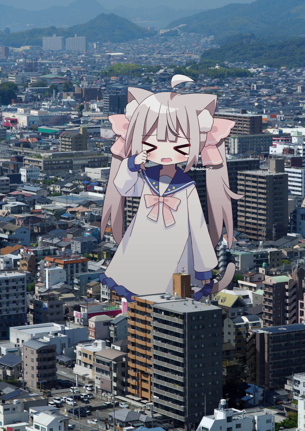nakkar, original, commentary, highres, symbol-only commentary, > <, 1girl, ahoge, animal ear fluff, animal ears, artist name, blue sailor collar, blush, bow, cat ears, cat girl, cat tail, city, cityscape, closed eyes, dress, giant, giantess, grey hair, hair bow, long sleeves, open mouth, outdoors, photo background, pink bow, sailor collar, sailor dress, solo, standing, tail, twintails, twitter username, white dress