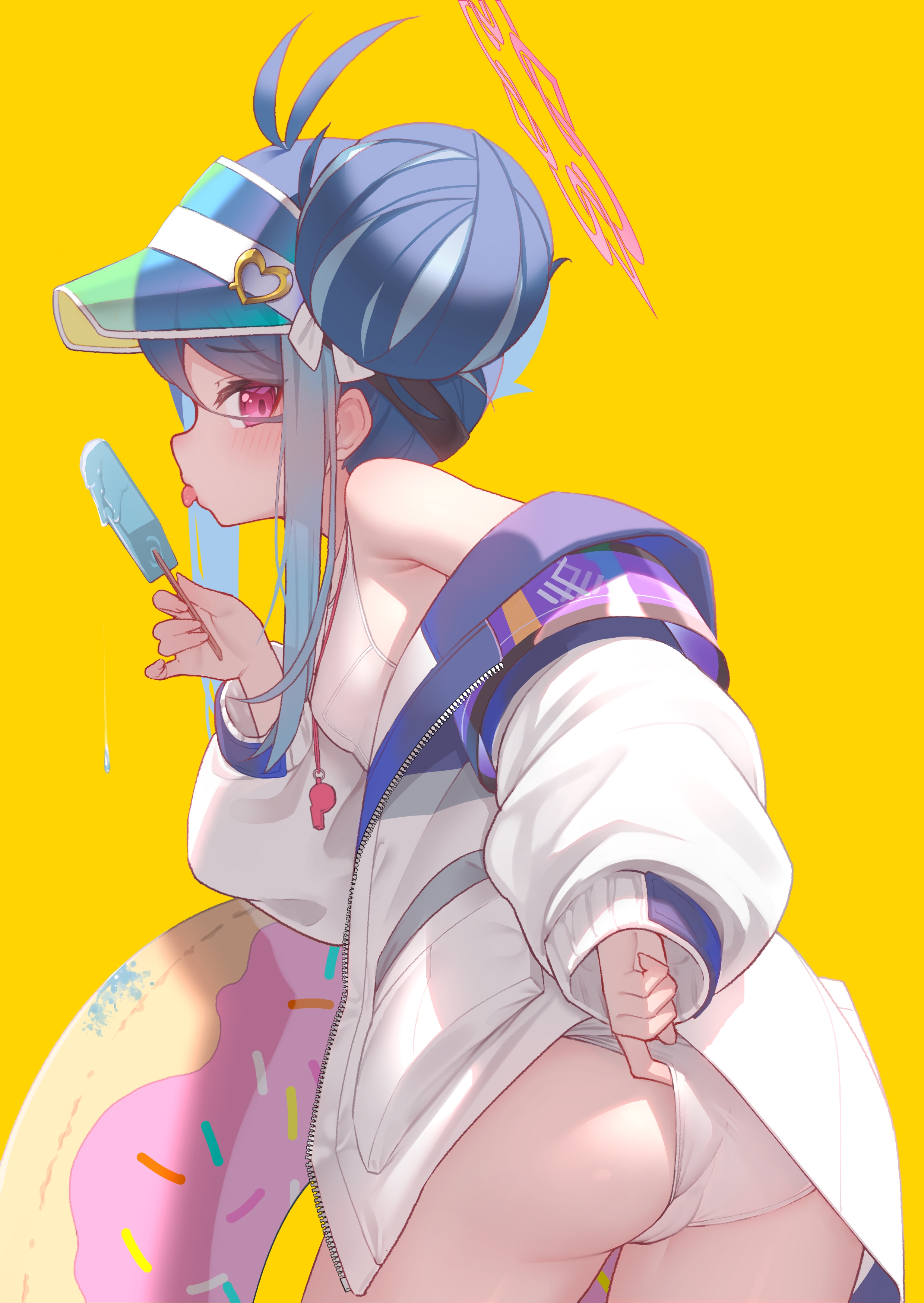 akuma (st.takuma), fubuki (blue archive), fubuki (swimsuit) (blue archive), blue archive, absurdres, commentary request, highres, 1girl, adjusting clothes, adjusting swimsuit, antenna hair, ass, bare shoulders, blue hair, breasts, cowboy shot, donut innertube, double bun, food, from behind, hair bun, halo, holding, holding food, holding popsicle, innertube, jacket, leaning forward, long sleeves, looking at viewer, looking back, melting popsicle, one-piece swimsuit, open clothes, open jacket, pink halo, popsicle, puffy long sleeves, puffy sleeves, red eyes, school swimsuit, sidelocks, simple background, small breasts, solo, swim ring, swimsuit, tongue, tongue out, visor cap, whistle, whistle around neck, white one-piece swimsuit, yellow background, zipper