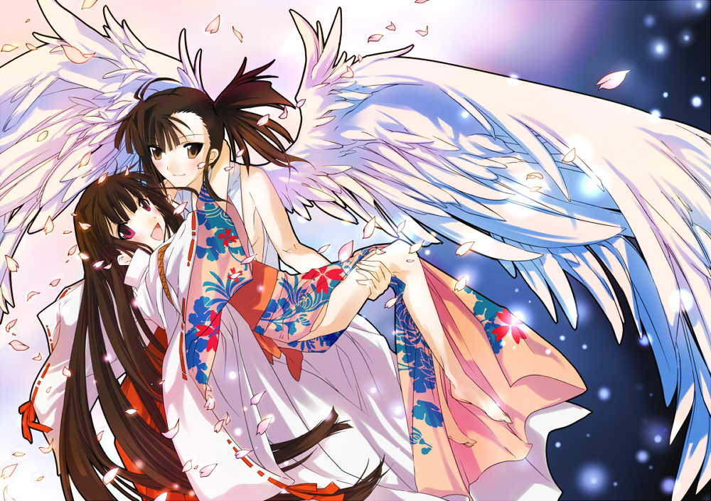 hattori masahiko, konoe konoka, sakurazaki setsuna, mahou sensei negima!, bad id, bad pixiv id, 00s, 2girls, asymmetrical bangs, breasts, brown eyes, brown hair, japanese clothes, kimono, long hair, multiple girls, red eyes, side ponytail, sideboob, small breasts, wings