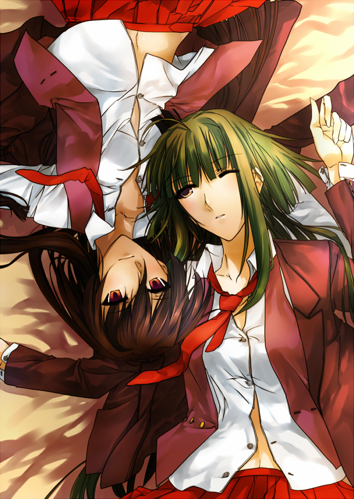 hattori masahiko, nagase kaede, tatsumiya mana, mahou sensei negima!, bad id, bad pixiv id, 00s, 2girls, ahoge, breasts, brown eyes, brown hair, green hair, long hair, multiple girls, necktie, red eyes, school uniform