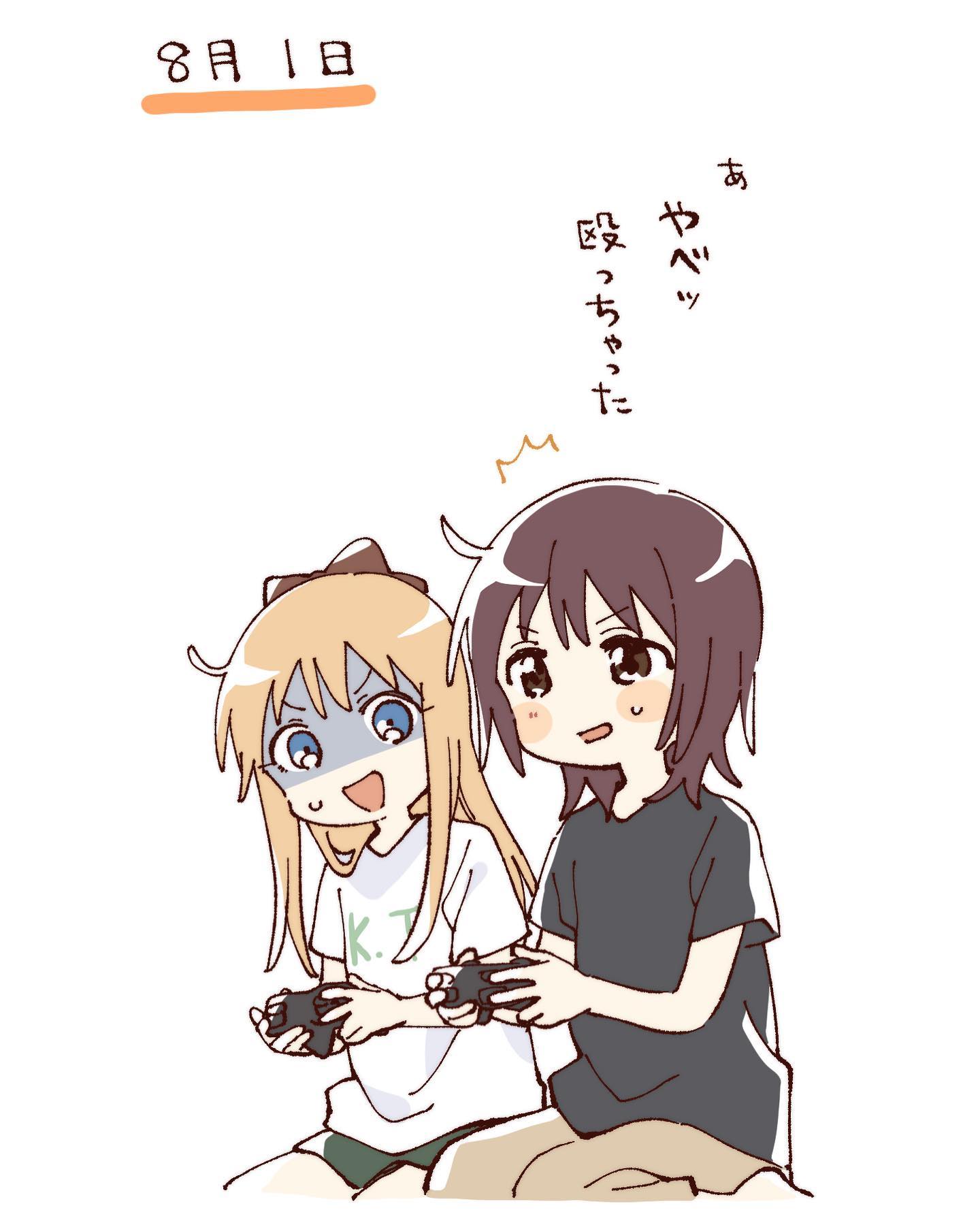 namori, funami yui, toshinou kyouko, yuruyuri, hashtag-only commentary, highres, translation request, 2girls, :d, ^^^, black shirt, blonde hair, blue eyes, blush stickers, bow, brown bow, brown eyes, brown hair, brown pants, controller, cropped legs, game controller, green shorts, hair bow, holding, holding controller, holding game controller, long hair, multiple girls, open mouth, pants, shaded face, shirt, short hair, short sleeves, shorts, simple background, sitting, smile, sweatdrop, timestamp, v-shaped eyebrows, white background, white shirt