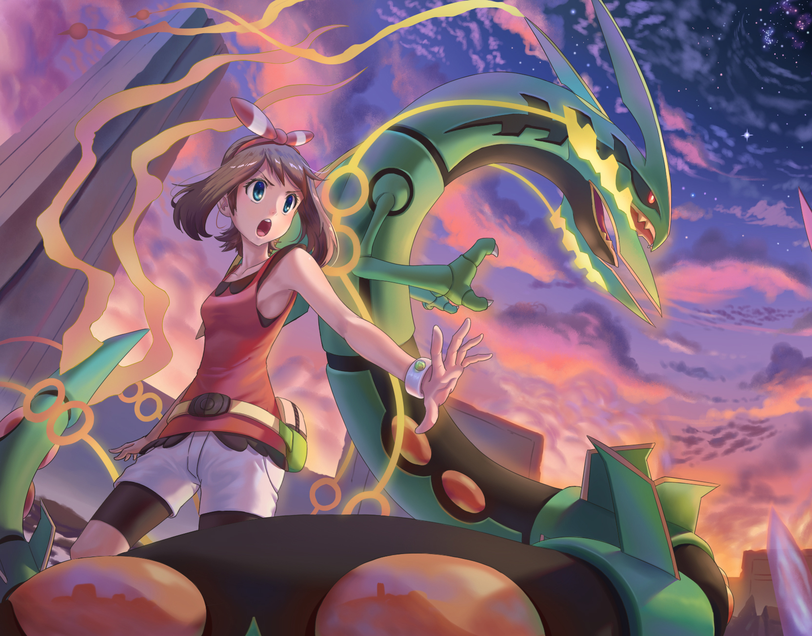 hooh lin, may (pokemon), mega rayquaza, rayquaza, nintendo, pokemon, pokemon oras, commentary request, highres, 1girl, bike shorts, bike shorts under shorts, black sclera, black shorts, blue eyes, bracelet, brown hair, claws, cloud, cloudy sky, colored sclera, dragon, eastern dragon, eyelashes, fanny pack, gen 3 pokemon, hairband, jewelry, legendary pokemon, mega pokemon, mega ring, mega stone, open mouth, red eyes, red hairband, red shirt, shirt, shorts, sky, sleeveless, sleeveless shirt, standing, star (sky), teeth, upper teeth only, white shorts