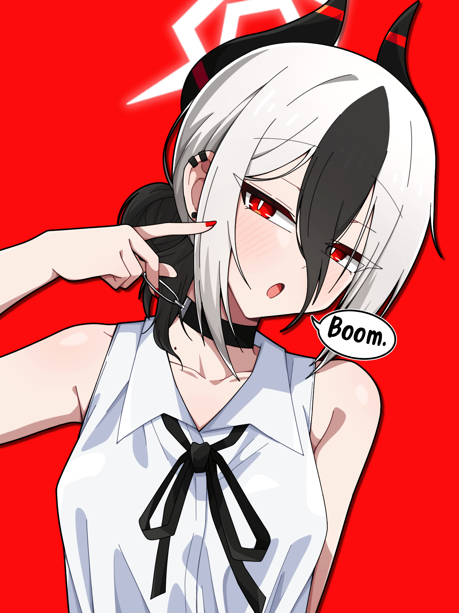 manli, kayoko (blue archive), reze (chainsaw man), blue archive, chainsaw man, commentary, highres, 1girl, black choker, black hair, black horns, black ribbon, choker, collarbone, collared shirt, cosplay, demon horns, ear piercing, hair between eyes, hair bun, halo, horns, looking at viewer, mole, mole on collarbone, multicolored hair, neck ribbon, open mouth, piercing, red background, red eyes, red nails, reze (chainsaw man) (cosplay), ribbon, shirt, simple background, single hair bun, sleeveless, sleeveless shirt, solo, speech bubble, two-tone hair, white hair