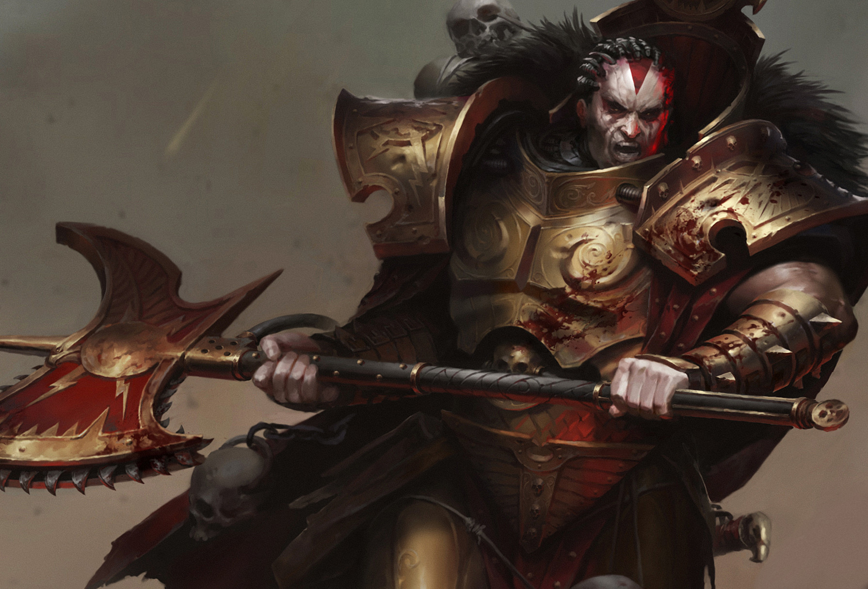 mikhail savier, angron, warhammer 40k, commentary, english commentary, highres, official art, angry, armor, armor of mars (warhammer), axe, battle, blood, blood on armor, blood splatter, chain, chain axe, closed mouth, cloud, cloudy sky, fur trim, gold armor, holding, holding axe, muscular, muscular male, outdoors, primarch, running, skull, sky, solo, world eaters