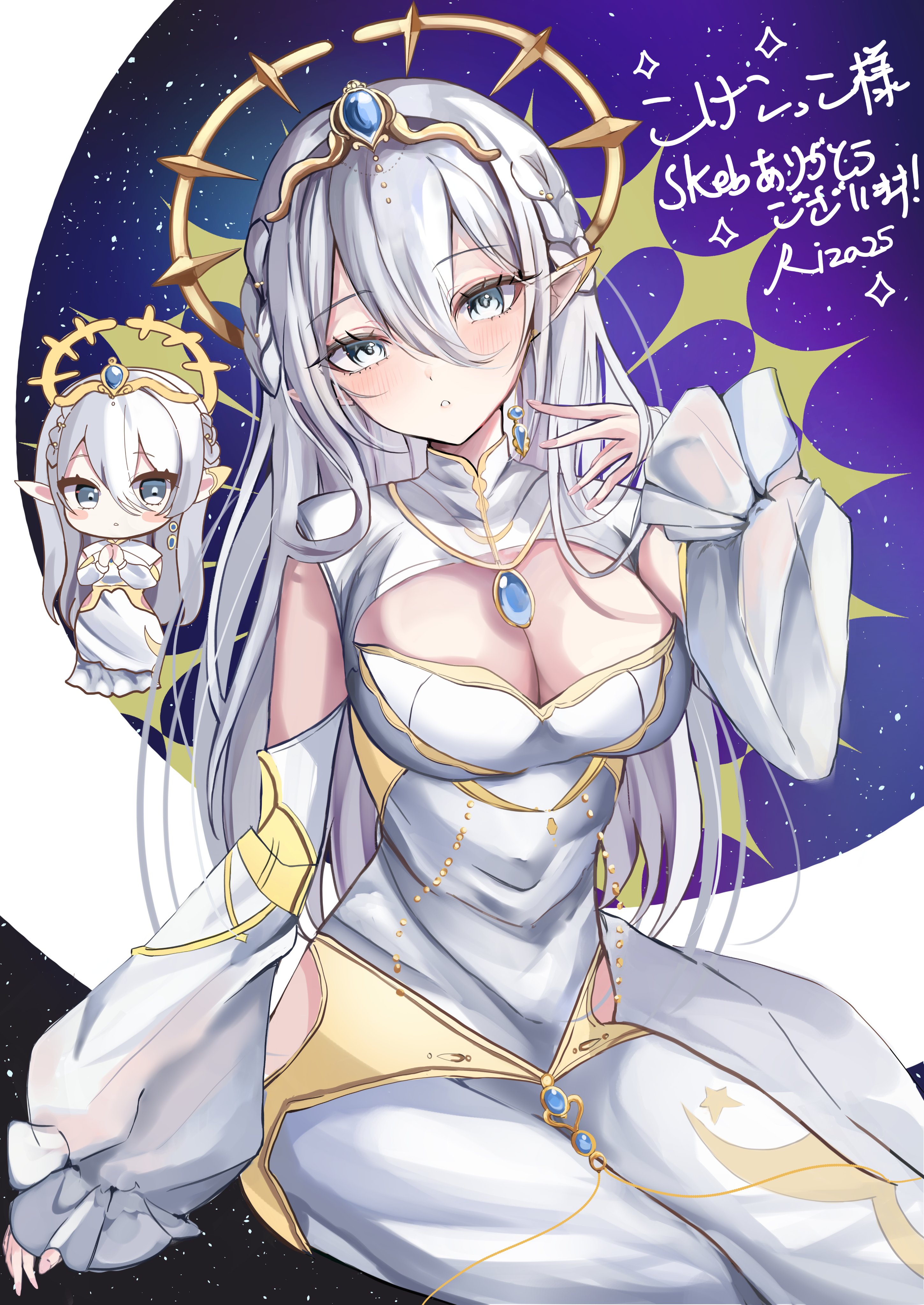 riza (tomoriza 25252), indie virtual youtuber, absurdres, commission, highres, second-party source, skeb commission, 1girl, blue eyes, breasts, brooch, chibi, chibi inset, cleavage, cleavage cutout, clothing cutout, detached sleeves, dress, earrings, grey hair, hair ornament, hoshina selene (vtuber), jewelry, large breasts, pointy ears, puffy detached sleeves, puffy sleeves, short hair, single earring, sleeveless, sleeveless dress, solo, tiara, virtual youtuber, white dress, white sleeves
