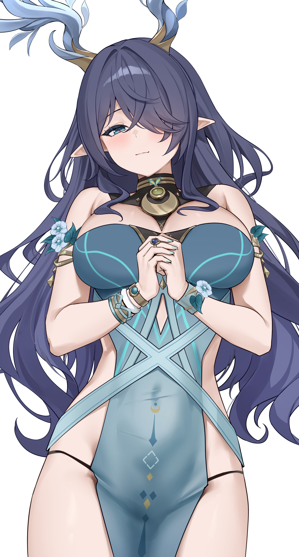 lunacle, lauma (genshin impact), genshin impact, highres, paid reward available, 1girl, antlers, aqua eyes, aqua nails, bare shoulders, blue dress, blush, breasts, closed mouth, covered navel, cowboy shot, deer antlers, dress, fingernails, hair over one eye, horns, jewelry, large breasts, light smile, long hair, looking at viewer, nail polish, own hands clasped, own hands together, pointy ears, purple hair, ring, sidelocks, simple background, solo, thighs, very long hair, white background