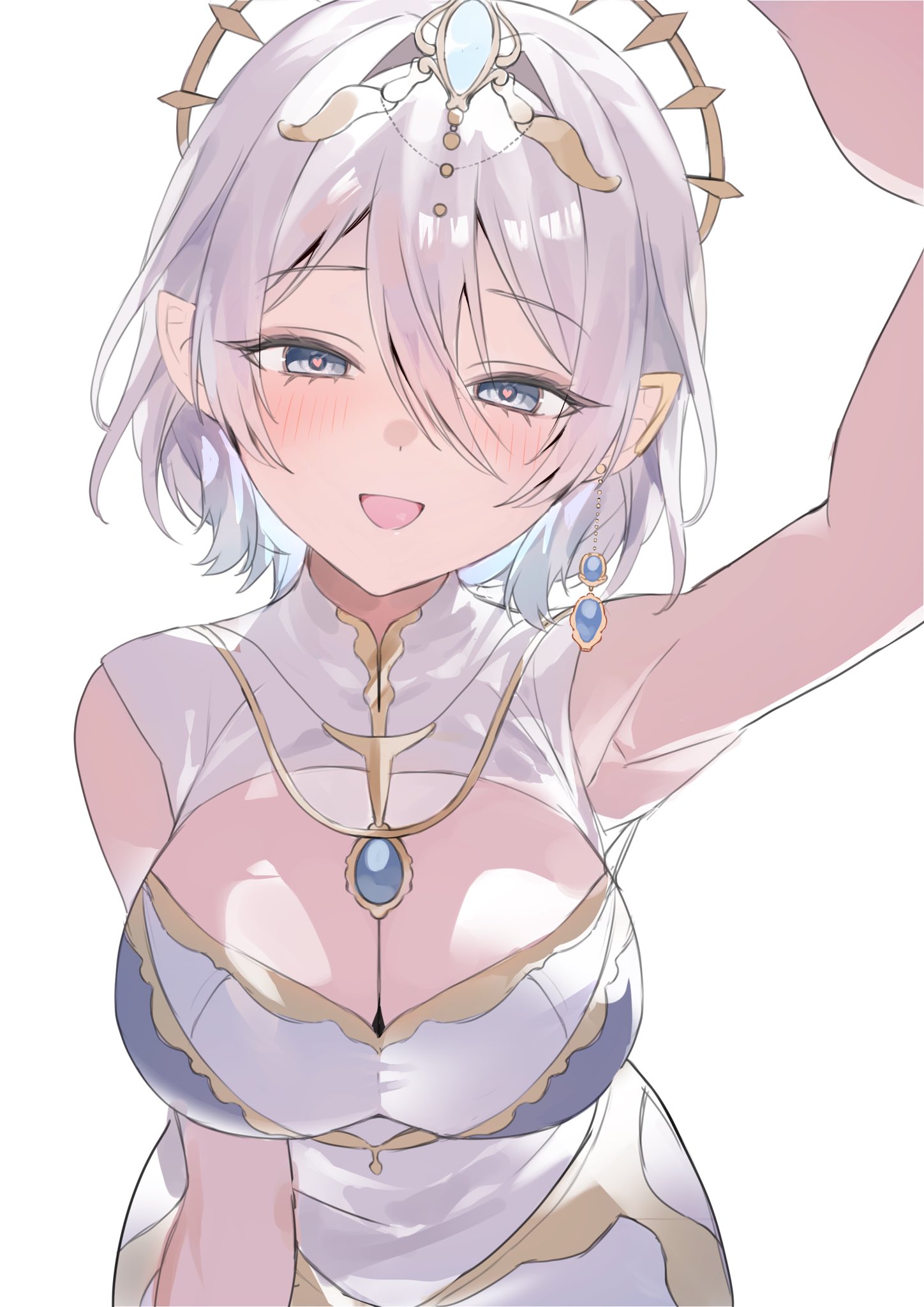 indie virtual youtuber, highres, 1girl, armpits, blue eyes, breasts, brooch, cleavage, cleavage cutout, clothing cutout, dress, earrings, grey hair, hoshina selene (vtuber), jewelry, large breasts, looking at viewer, open mouth, pointy ears, reaching, reaching towards viewer, short hair, simple background, single earring, sleeveless, sleeveless dress, solo, tsutomu3150, upper body, virtual youtuber, white background, white dress