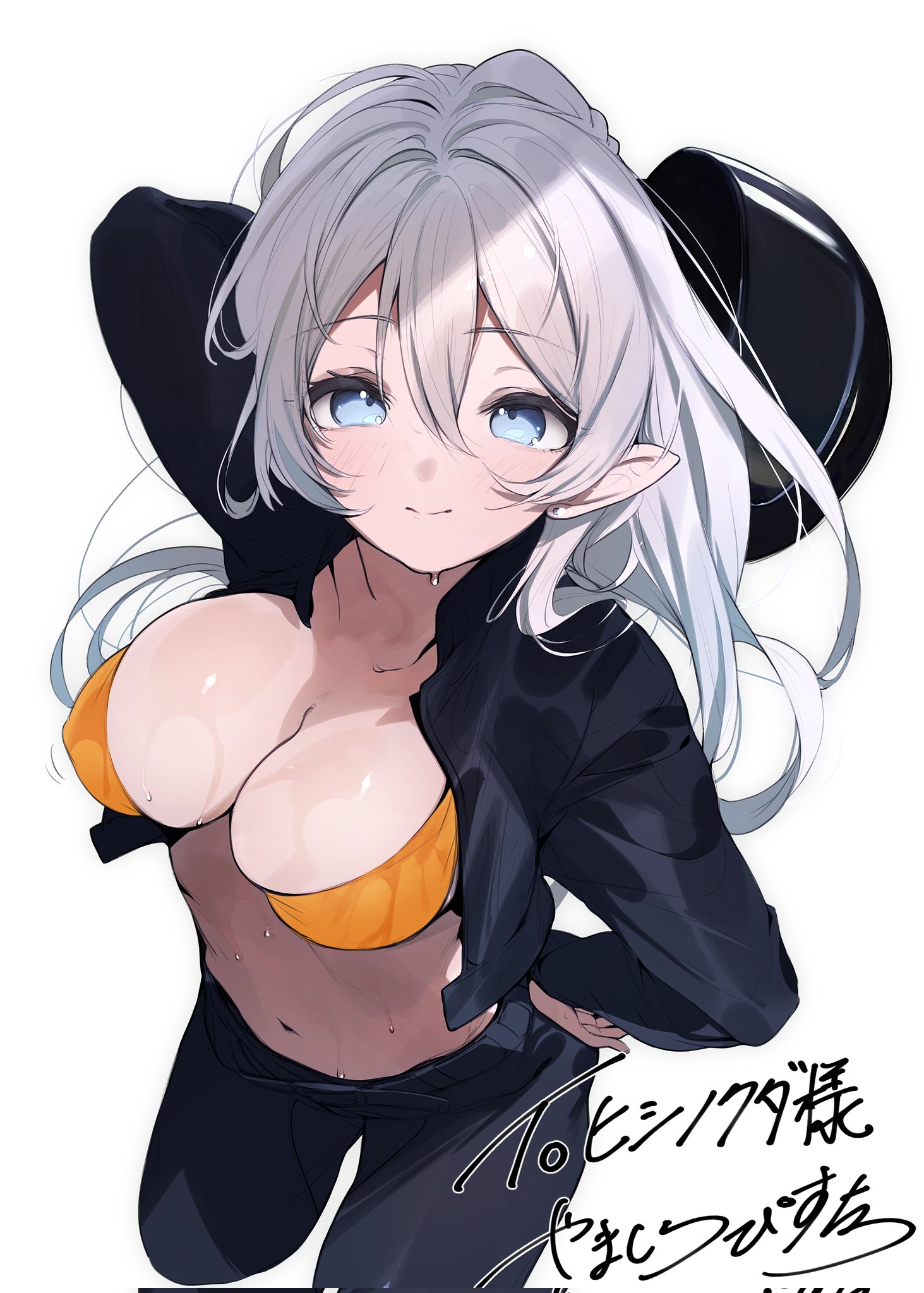 pisuta (yamashiro), indie virtual youtuber, commission, highres, second-party source, skeb commission, 1girl, black jacket, black pants, blue eyes, bra, breasts, cleavage, cropped jacket, grey hair, hoshina selene (vtuber), jacket, large breasts, long hair, looking at viewer, navel, open clothes, open jacket, orange bra, pants, pointy ears, simple background, solo, sweat, underwear, virtual youtuber, white background