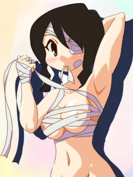 borubikku, kobushi abiru, sayonara zetsubou sensei, 00s, 1girl, armpits, bandage over one eye, bandages, black hair, braid, breasts, brown eyes, female focus, large breasts, mouth hold, naked bandage, navel, nipples, nude, out-of-frame censoring, sarashi, solo, twin braids