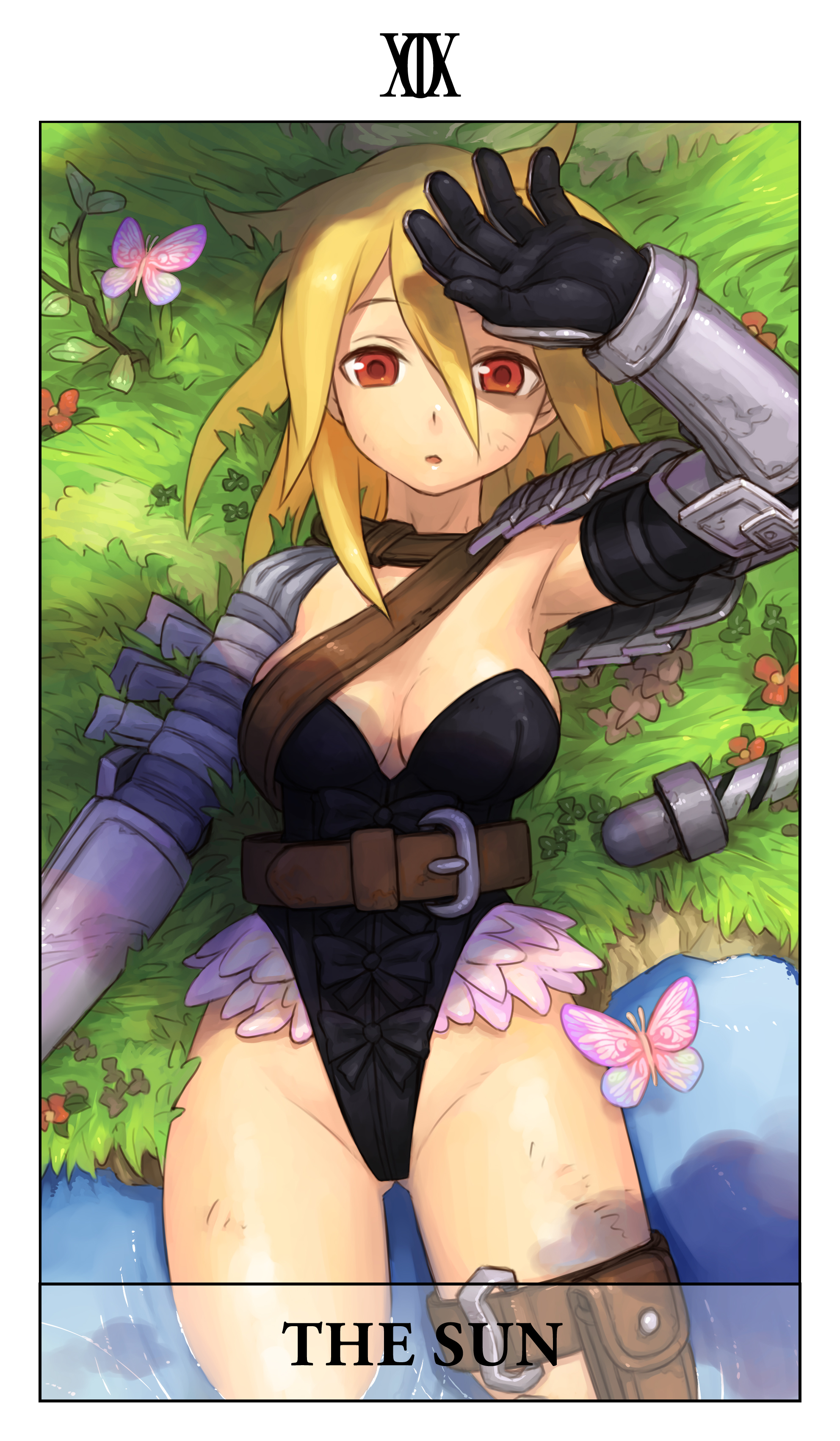 iyokawa, fantasy earth zero, absurdres, highres, armor, armpits, blonde hair, breasts, card (medium), cleavage, large breasts, legs, nature, orange eyes, solo, tarot, tarot (medium), the sun (tarot), thigh strap