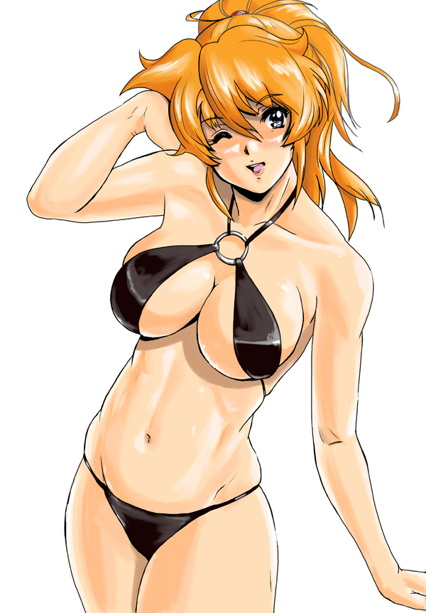 shu-z, excellen browning, banpresto, super robot wars, 1girl, bikini, black bikini, blonde hair, blue eyes, breasts, cleavage, female focus, large breasts, one eye closed, shiny skin, simple background, solo, swimsuit, wink