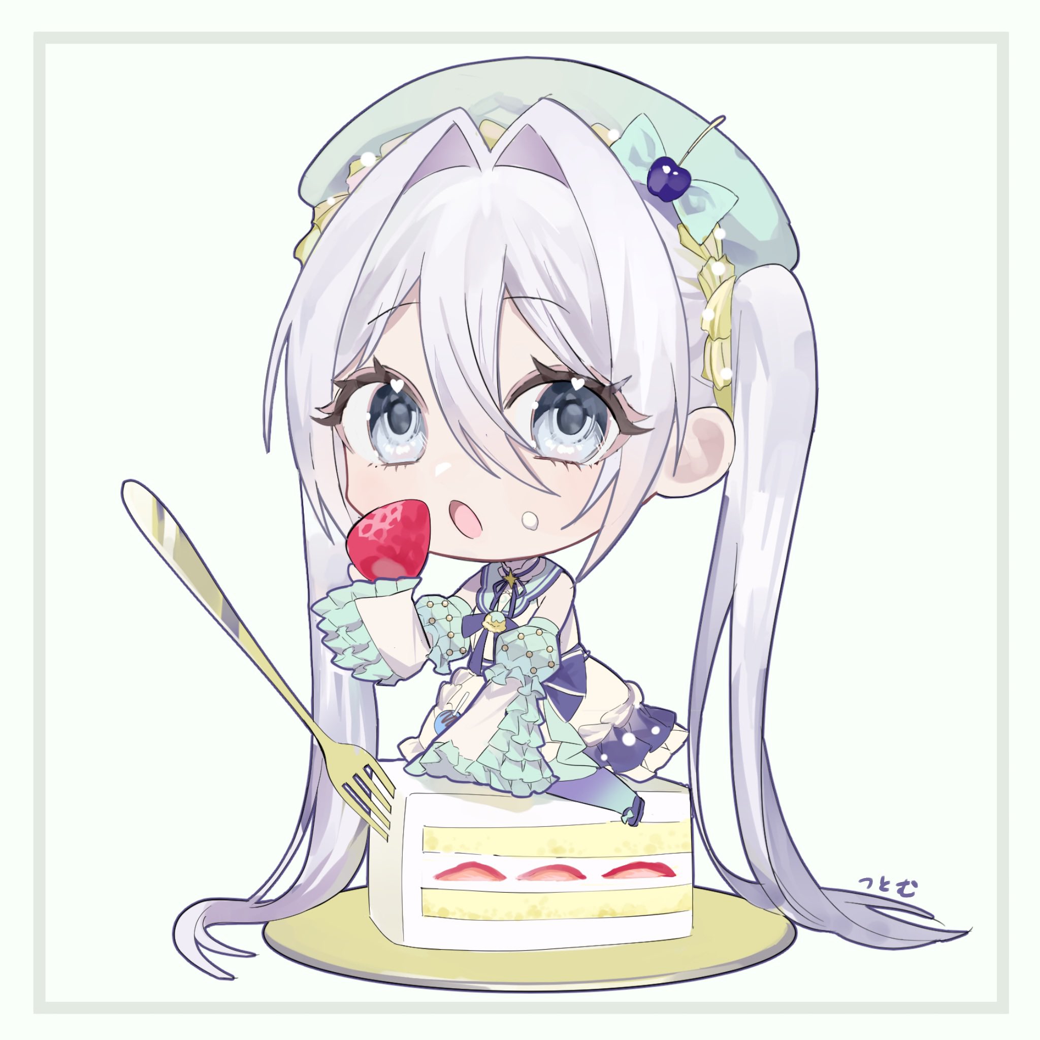 indie virtual youtuber, highres, 1girl, blue eyes, cake, chibi, detached sleeves, dress, food, fork, frilled sleeves, frills, fruit, green hat, grey hair, hat, hoshina selene (vtuber), long hair, multicolored dress, open mouth, pointy ears, simple background, solo, strawberry, tsutomu3150, twintails, virtual youtuber, white dress