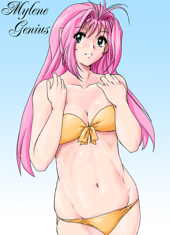 shu-z, mylene jenius, macross, macross 7, 1990s (style), bikini, character name, long hair, pink hair, pointy ears, retro artstyle, shiny skin, solo, swimsuit