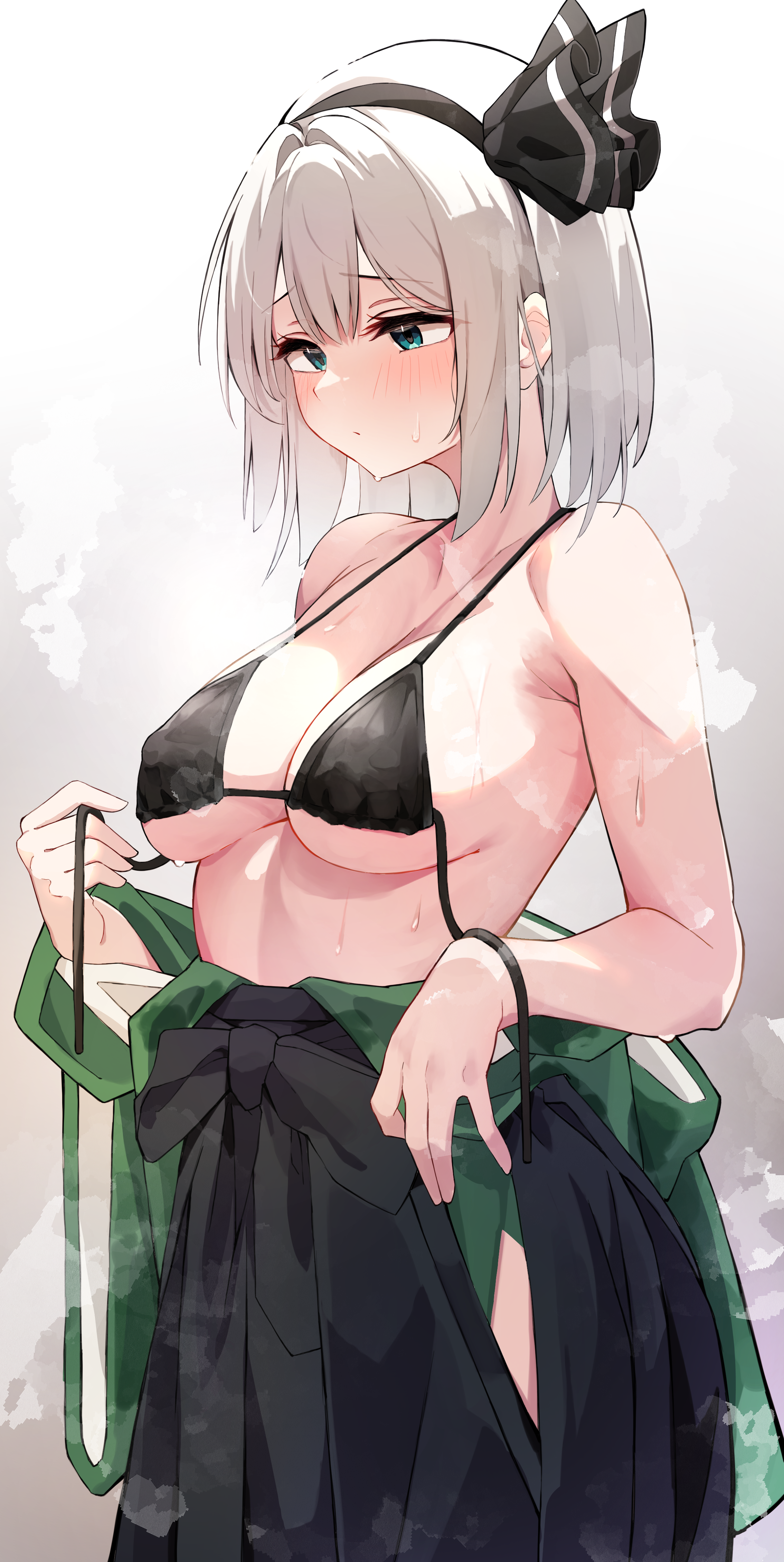 hira-san, konpaku youmu, touhou, absurdres, highres, 1girl, bikini, black bikini, black hairband, black hakama, black ribbon, blush, breasts, clothes down, covered erect nipples, cowboy shot, green eyes, green kimono, grey background, hair ribbon, hairband, hakama, japanese clothes, kimono, medium breasts, open clothes, ribbon, short hair, solo, sweat, swimsuit, untied bikini, white background, white hair