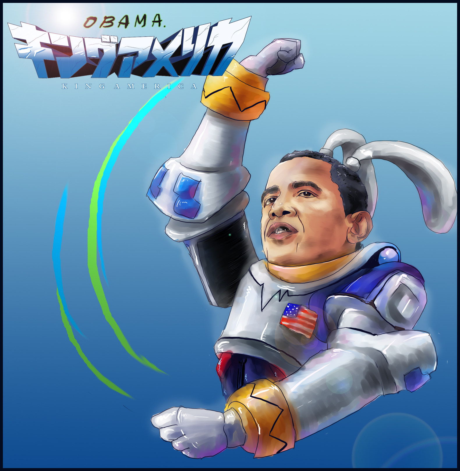 heriki (trkj), barack obama, overman king gainer, real life, bad id, bad pixiv id, highres, 1boy, american flag, dancing, male focus, parody, politician, real life insert, solo, the monkey, united states, what