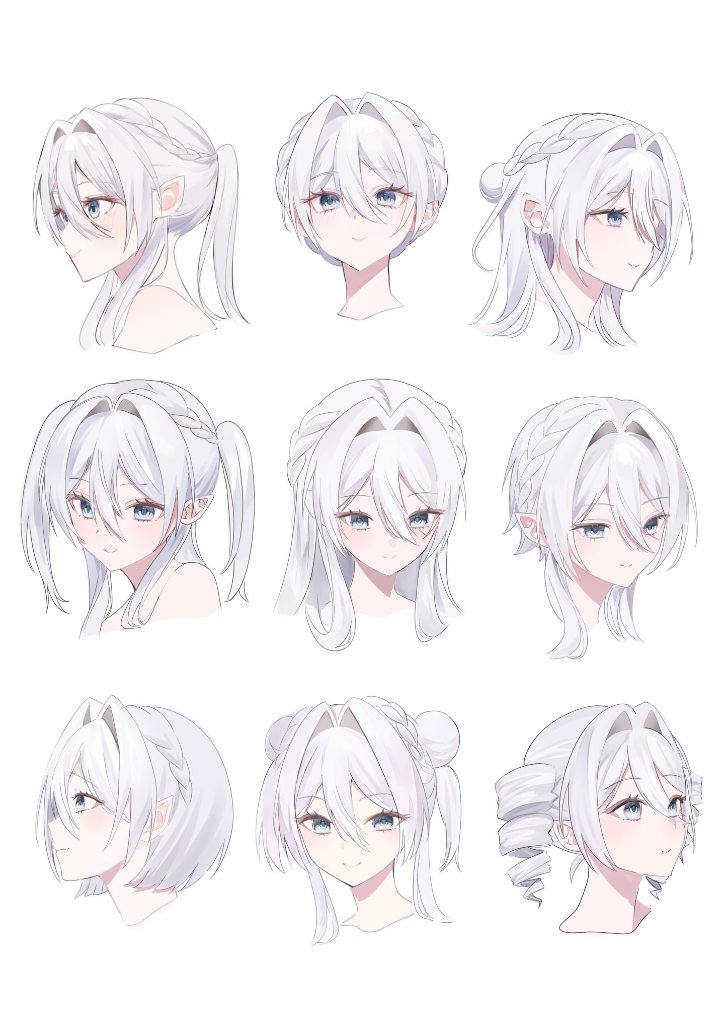 indie virtual youtuber, highres, 1girl, alternate hairstyle, blue eyes, braid, crown braid, double bun, drill hair, grey hair, hair bun, hair intakes, hoshina selene (vtuber), long hair, pointy ears, ponytail, short hair, short hair with long locks, short twintails, sidelocks, simple background, solo, tsutomu3150, twin drills, twintails, virtual youtuber, white background