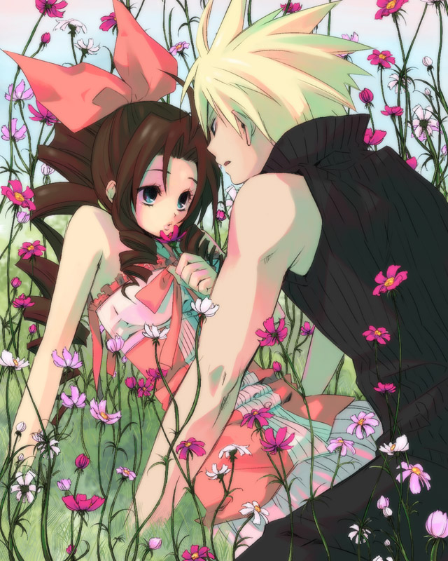 hidaka ryou, aerith gainsborough, cloud strife, final fantasy, final fantasy vii, final fantasy vii advent children, kingdom hearts, kingdom hearts ii, bad id, bad pixiv id, 00s, 1990s (style), 1boy, 1girl, bare shoulders, blonde hair, blue eyes, bow, brown hair, couple, dress, drill hair, field, flower, flower field, hair bow, hetero, love at first sight, outdoors, pink bow, pink dress, retro artstyle, sleeveless, sleeveless turtleneck, spiked hair, turtleneck