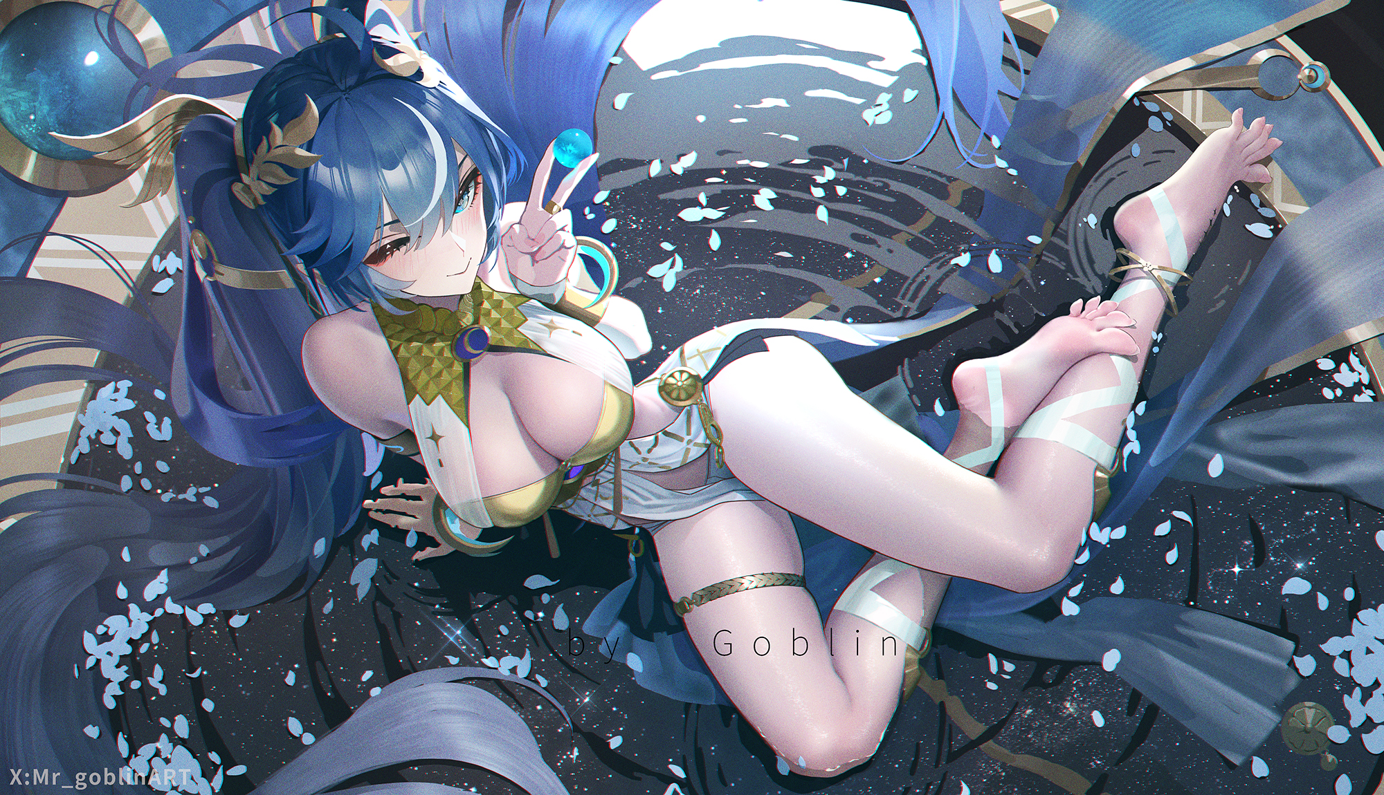 mr goblin, iuno (wuthering waves), wuthering waves, commentary, highres, 1girl, ahoge, arm support, artist name, bare shoulders, barefoot, blue eyes, blue hair, breasts, cleavage, closed mouth, feet, from above, gold bra, jewelry, large breasts, laurel crown, long hair, looking at viewer, looking up, multicolored hair, one eye closed, smile, solo, streaked hair, thighlet, thighs, toes, v
