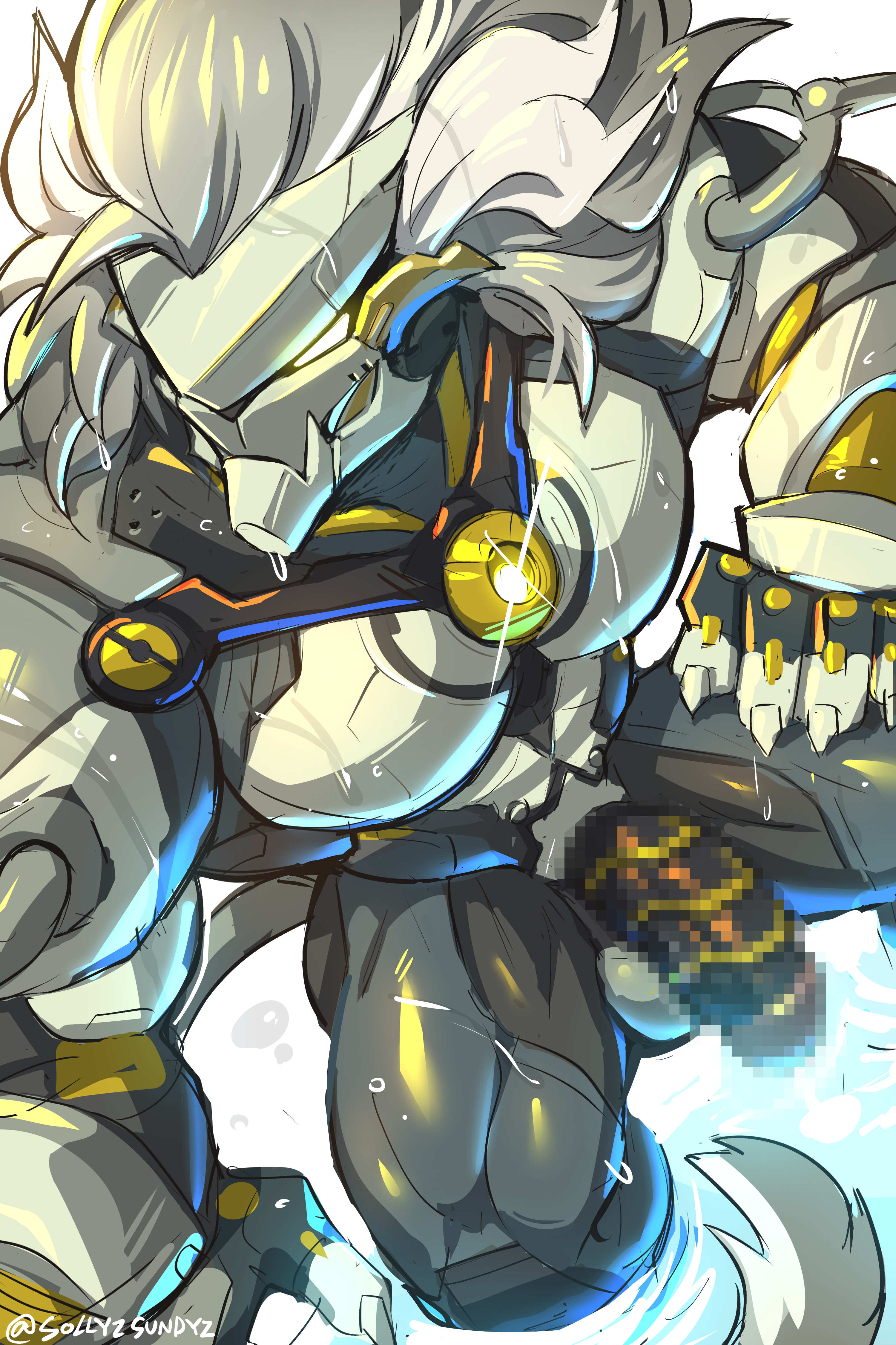sollyz, zenless zone zero, absurdres, highres, 1boy, artificial eye, banyue (zenless zone zero), biceps, claws, glowing, glowing eyes, hand on own leg, humanoid robot, looking to the side, mechanical eye, mechanical hands, mechanical legs, mechanical penis, mechanical tail, muscular, muscular male, orb, penis, robot, robot boy, robot penis, sitting, solo, tail, testicles, topless male, twitter username, water, wet, white background, white hair