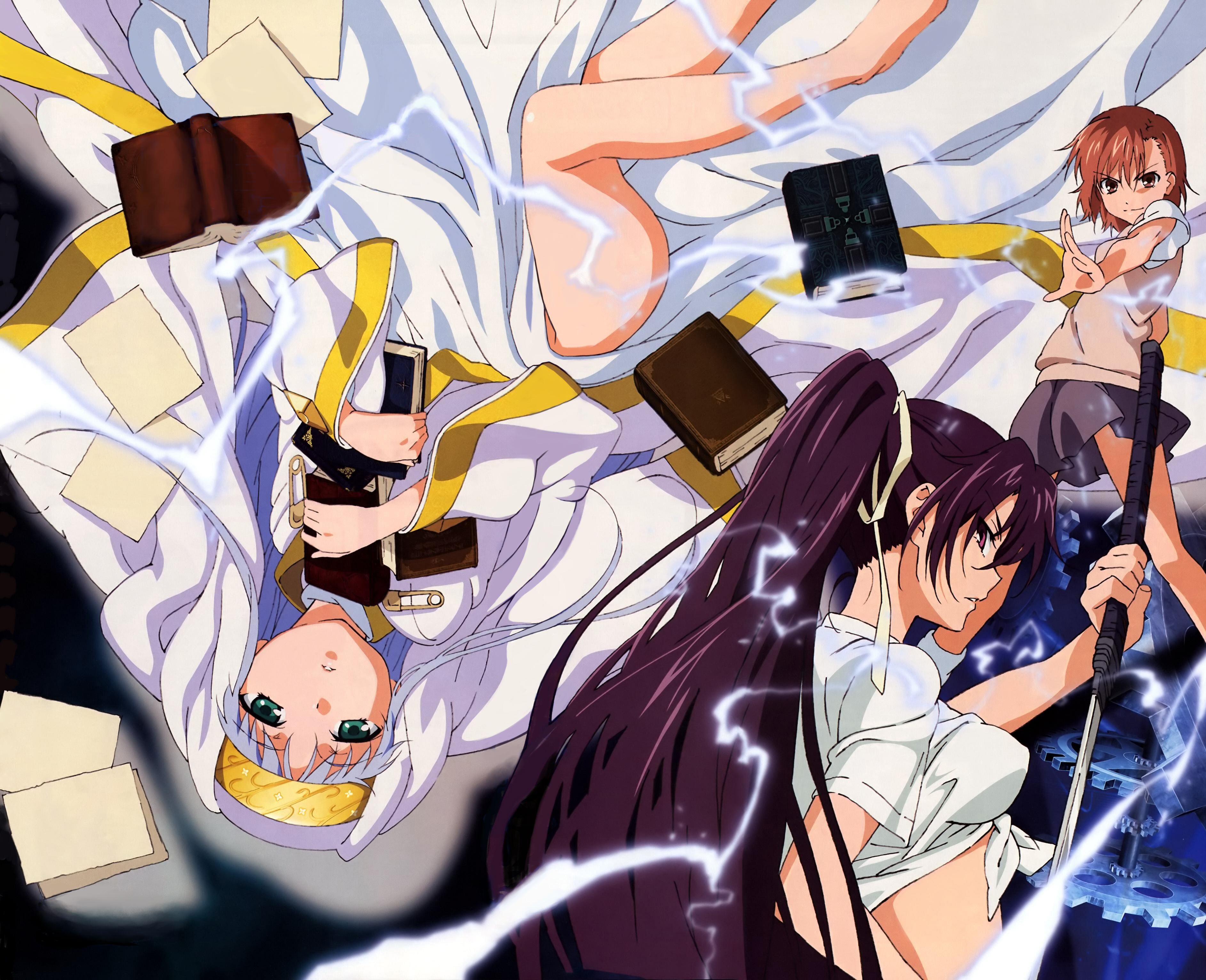 hiyamizu yukie, index (toaru majutsu no index), kanzaki kaori, misaka mikoto, toaru majutsu no index, alternate breast size, absurdres, highres, non-web source, official art, 00s, 3girls, black hair, blue hair, book, brown eyes, brown hair, electricity, electrokinesis, green eyes, long hair, multiple girls, ponytail, purple eyes, robe, safety pin, school uniform, short hair, sword, upside-down, weapon