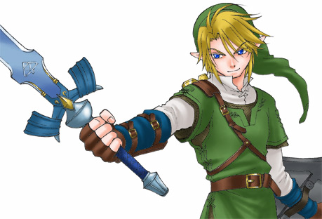 link, nintendo, the legend of zelda, lowres, 1boy, blonde hair, blue eyes, gloves, male focus, master sword, pointy ears, shield, smile, solo, sword, weapon