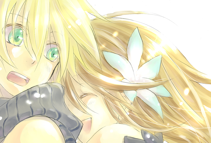emil castagnier, marta lualdi, tales of (series), tales of symphonia, tales of symphonia: dawn of the new world, 00s, 1boy, 1girl, blonde hair, brown hair, couple, flower, green eyes, hetero, hug, smile
