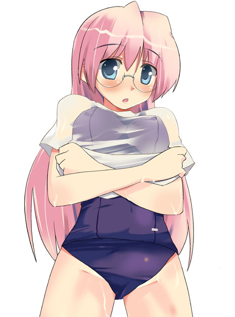 takara miyuki, lucky star, non-web source, 00s, blue eyes, crossed arms, glasses, no pants, one-piece swimsuit, pink hair, school swimsuit, see-through clothes, solo, swimsuit, swimsuit under clothes