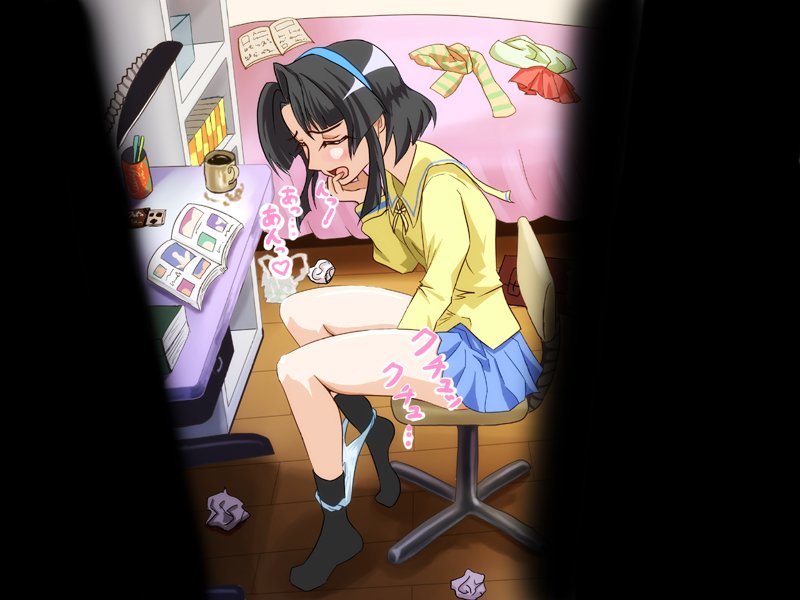 borubikku, akiyama otome, pani poni dash!, duplicate, 00s, 1girl, bed, black hair, blouse, closed eyes, desk, female focus, female masturbation, fingering, hairband, indoors, masturbation, messy room, panties, panty pull, school uniform, shirt, short hair, socks, solo, underwear, voyeur pov, voyeurism, watching, yellow shirt