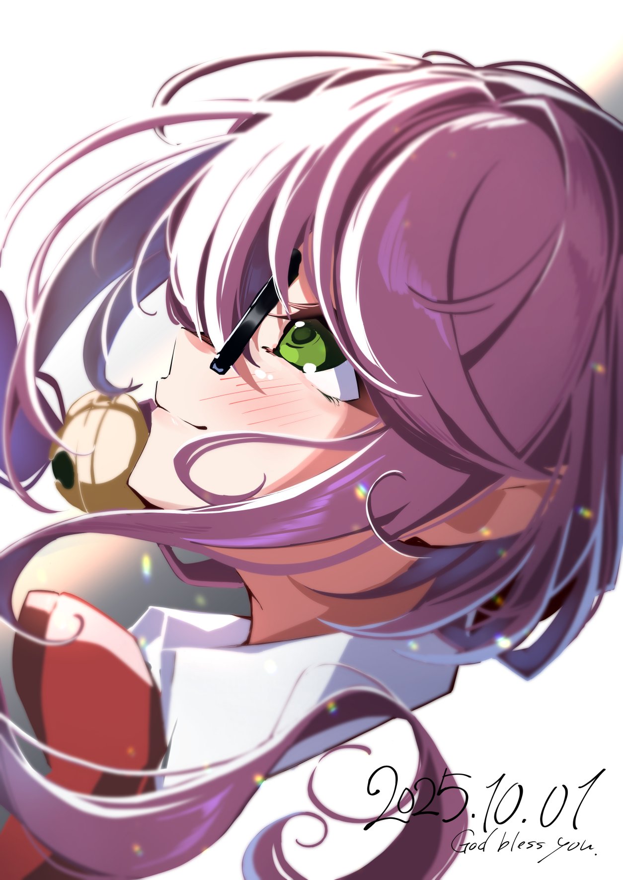 yasuda-san (airgarden sky), hoshimi junna, shoujo kageki revue starlight, commentary request, highres, 1girl, bell, black-framed eyewear, blush, bow, bowtie, closed mouth, collared shirt, cropped shirt, dated, from side, glasses, gradient background, grey background, hair bell, hair between eyes, hair ornament, jingle bell, light particles, long hair, looking ahead, looking up, low side ponytail, portrait, profile, purple hair, red bow, red bowtie, school uniform, seishou music academy uniform, shirt, sidelocks, smile, solo, white background