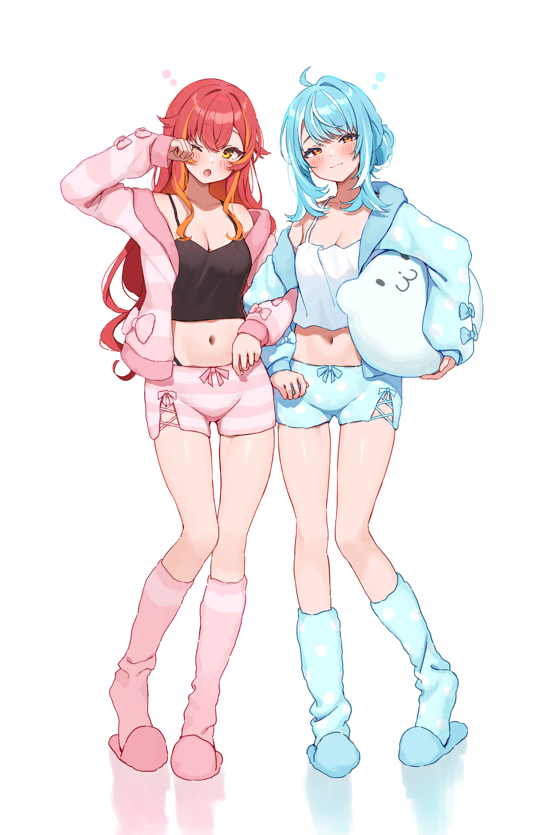 wanitaroo. (waniwani panic), nekota tsuna, shiranami ramune, vspo!, absurdres, commentary request, highres, 2girls, black camisole, blue jacket, blue shorts, blue slippers, blush, breasts, camisole, carrying, carrying under arm, closed mouth, full body, hair bun, holding, holding stuffed toy, jacket, long hair, long sleeves, looking at viewer, medium breasts, multiple girls, navel, one eye closed, open mouth, orange hair, orange streaks, pink jacket, pink shorts, pink slippers, red hair, short shorts, shorts, sidelocks, simple background, single hair bun, slippers, standing, stomach, stuffed toy, thighs, virtual youtuber, white background, white camisole