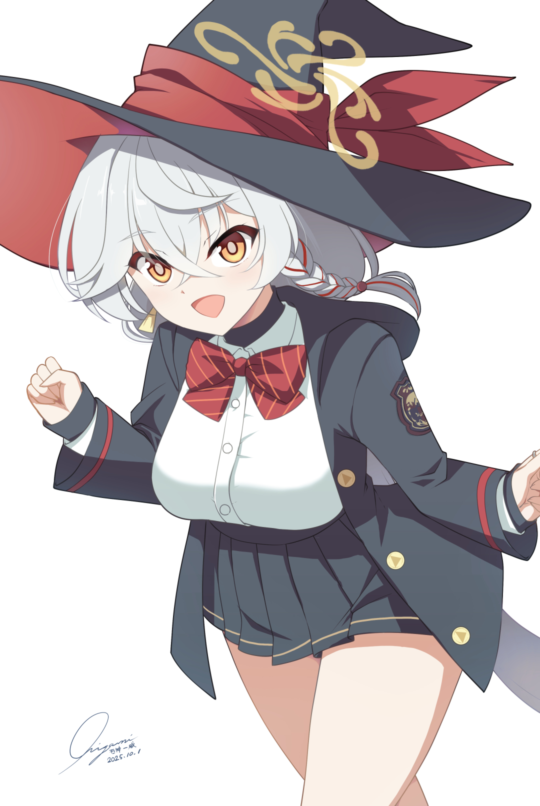 ishigami kazui, eri (blue archive), blue archive, highres, 1girl, black hat, black jacket, black skirt, blush, bow, bowtie, braid, breasts, collared shirt, earrings, halo, hat, jacket, jewelry, large breasts, long hair, long sleeves, looking at viewer, open mouth, orange eyes, pleated skirt, shirt, skirt, smile, solo, thighs, white hair, white shirt, witch hat