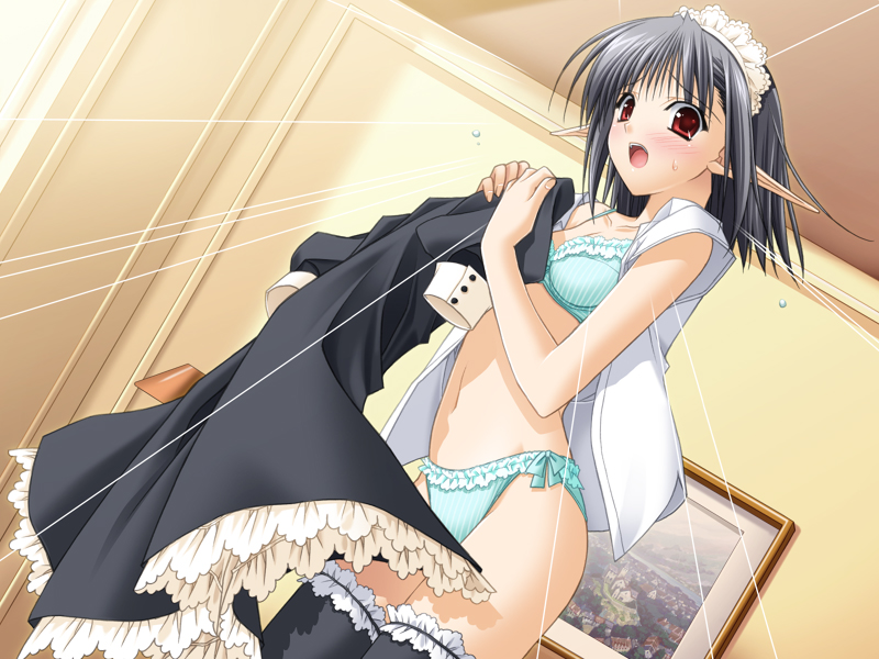 suzuhira hiro, sage (tick! tack!), shuffle!, tick! tack!, game cg, 00s, 1girl, black hair, blue bra, blue panties, bra, dutch angle, embarrassed, female focus, lingerie, maid, open clothes, open shirt, panties, pointy ears, red eyes, shirt, short hair, solo, thighhighs, underwear, underwear only, undressing
