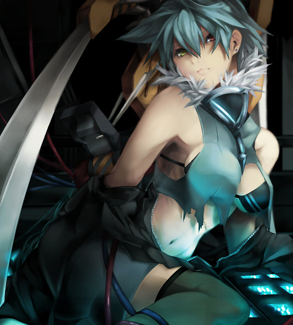 kz-kura, clothes, 1girl, aqua hair, bra, cable, earrings, female focus, heterochromia, jewelry, lingerie, short hair, solo, thighhighs, torn clothes, underwear, zettai ryouiki