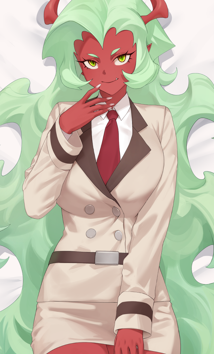 iwbitu, scanty (psg), panty & stocking with garterbelt, commentary, highres, 1girl, bed sheet, belt, breasts, buttons, coat, colored skin, cowboy shot, dakimakura (medium), demon girl, demon horns, double-breasted, fang, fang out, green eyes, green hair, horns, large breasts, long hair, long sleeves, looking at viewer, lying, miniskirt, necktie, on back, pencil skirt, pointy ears, red necktie, red skin, shirt, skirt, smile, solo, very long hair, white coat, white shirt, white skirt