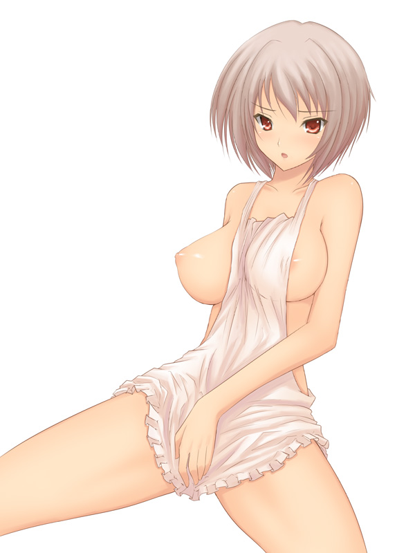shima-shuu, 1girl, apron, breasts, female focus, female masturbation, grey hair, large breasts, masturbation, naked apron, nipples, red eyes, short hair, solo