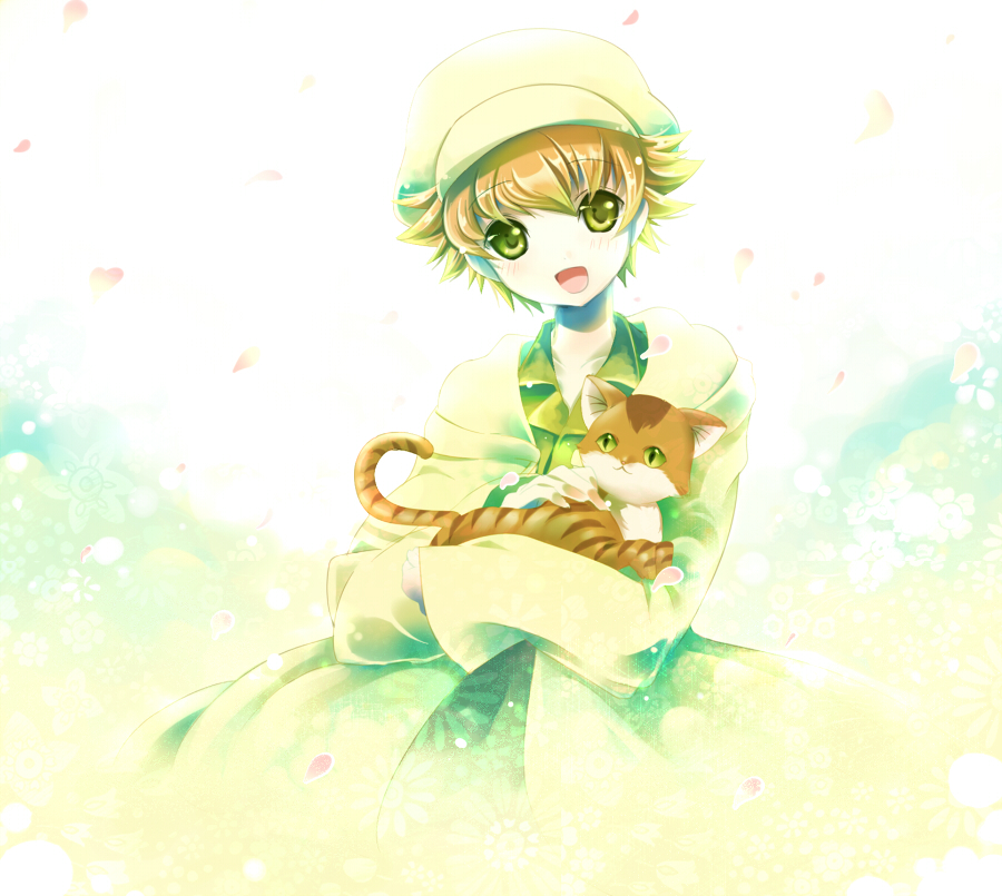 kokuro, shima katsuki, clannad, bad id, bad pixiv id, 00s, 1boy, blonde hair, cat, hat, male focus, newsboy cap, short hair, solo, time paradox