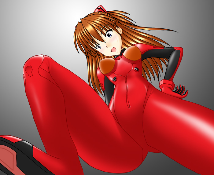 souryuu asuka langley, neon genesis evangelion, non-web source, 1girl, blue eyes, brown hair, feet, female focus, foot focus, from below, mecha pilot suit, open mouth, plugsuit (evangelion), solo, trample