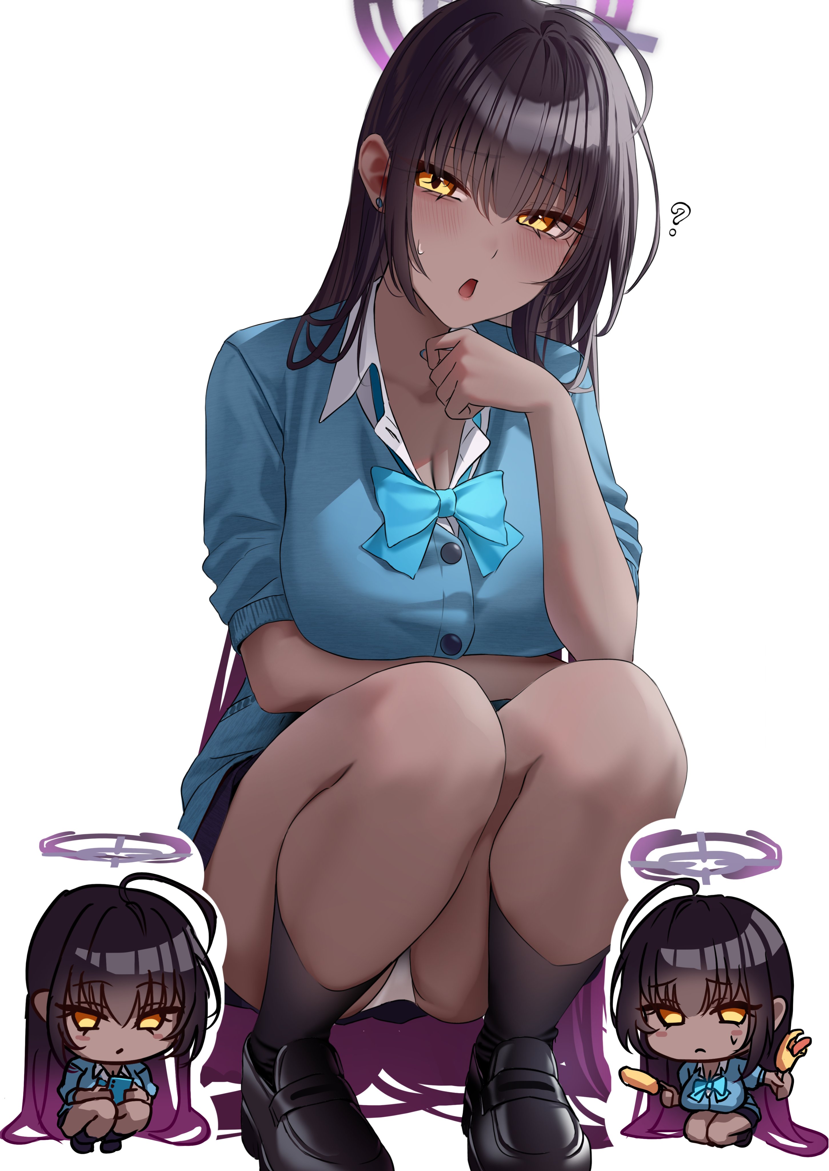 wanne, karin (blue archive), karin (school uniform) (blue archive), blue archive, absurdres, highres, 1girl, ?, ahoge, ass, black hair, black shoes, black skirt, black socks, blue bow, blue bowtie, blue cardigan, blush, bow, bowtie, breasts, cardigan, cleavage, collarbone, collared shirt, dark-skinned female, dark skin, gradient hair, hair between eyes, halo, large breasts, long hair, looking at viewer, multicolored hair, open mouth, panties, purple hair, purple halo, shirt, shoes, skirt, sleeves rolled up, socks, solo, squatting, thighs, underwear, very long hair, white panties, white shirt, yellow eyes