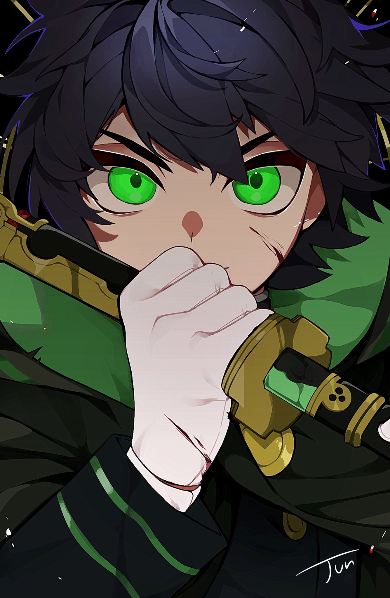 hyakuya yuuichirou, owari no seraph, bad id, bad twitter id, highres, 1boy, artist name, black jacket, gloves, green eyes, green jacket, green pupils, hair between eyes, holding, holding sword, holding weapon, hood, hooded jacket, jacket, jun hanase, male focus, multicolored jacket, short hair, solo, sword, two-tone jacket, weapon, white gloves