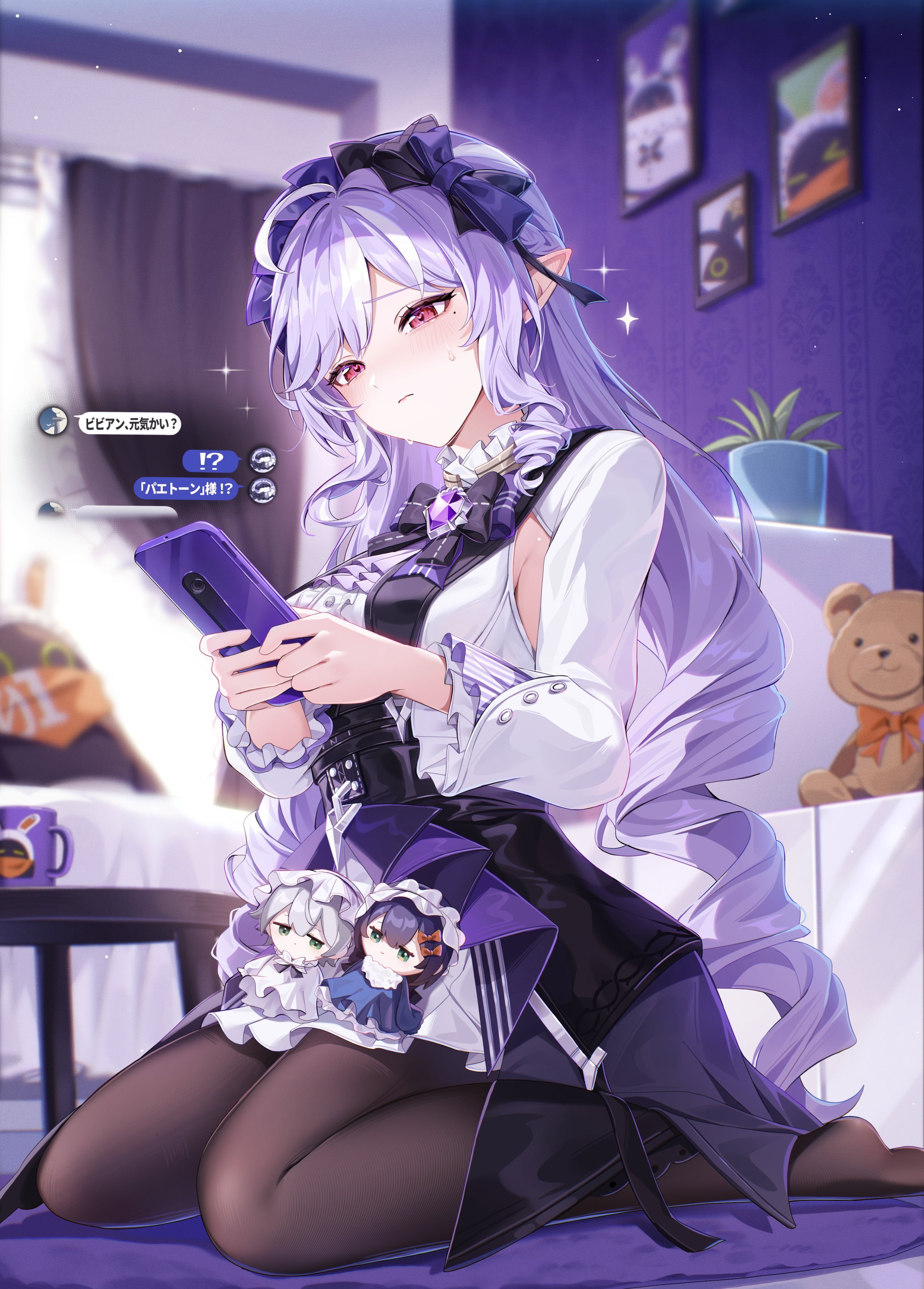 aida noa, belle (zenless zone zero), vivian banshee, wise (zenless zone zero), zenless zone zero, absurdres, commentary request, highres, 1girl, ascot, black pantyhose, black skirt, breasts, cellphone, center frills, character doll, clenched teeth, closed mouth, curtains, doll, dress, frilled sleeves, frills, heart, heart in eye, holding, holding phone, indoors, large breasts, long hair, long sleeves, mole, mole under eye, multicolored hair, no shoes, objectification, overskirt, pantyhose, phone, pointy ears, purple ascot, purple hair, red eyes, sidelocks, sitting, skirt, smartphone, solo, sparkle, sparkling aura, streaked hair, stuffed animal, stuffed toy, surprised, symbol in eye, teddy bear, teeth, very long hair, wariza, white dress