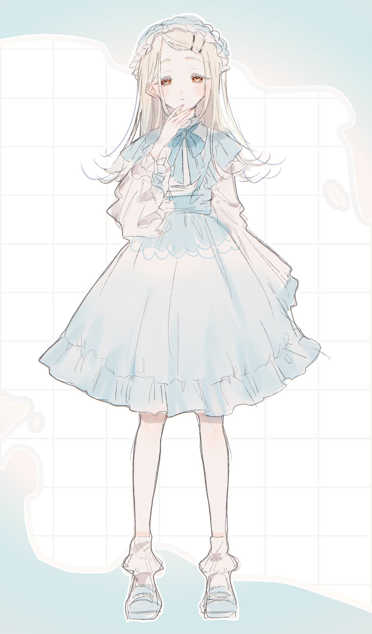 i0i sayuu, shinosawa hiro, gakuen idolmaster, idolmaster, commentary request, highres, 1girl, blonde hair, blue bow, blue bowtie, blue dress, blue shoes, blush, bow, bowtie, colored eyelashes, dress, flipped hair, frilled dress, frills, full body, hair ornament, hairclip, half-closed eyes, hand on own chin, hand up, headdress, long hair, long sleeves, looking at viewer, orange eyes, pale color, parallel hairclips, parted bangs, parted lips, shoes, simple background, socks, solo, standing, two-tone dress, white socks, wide sleeves