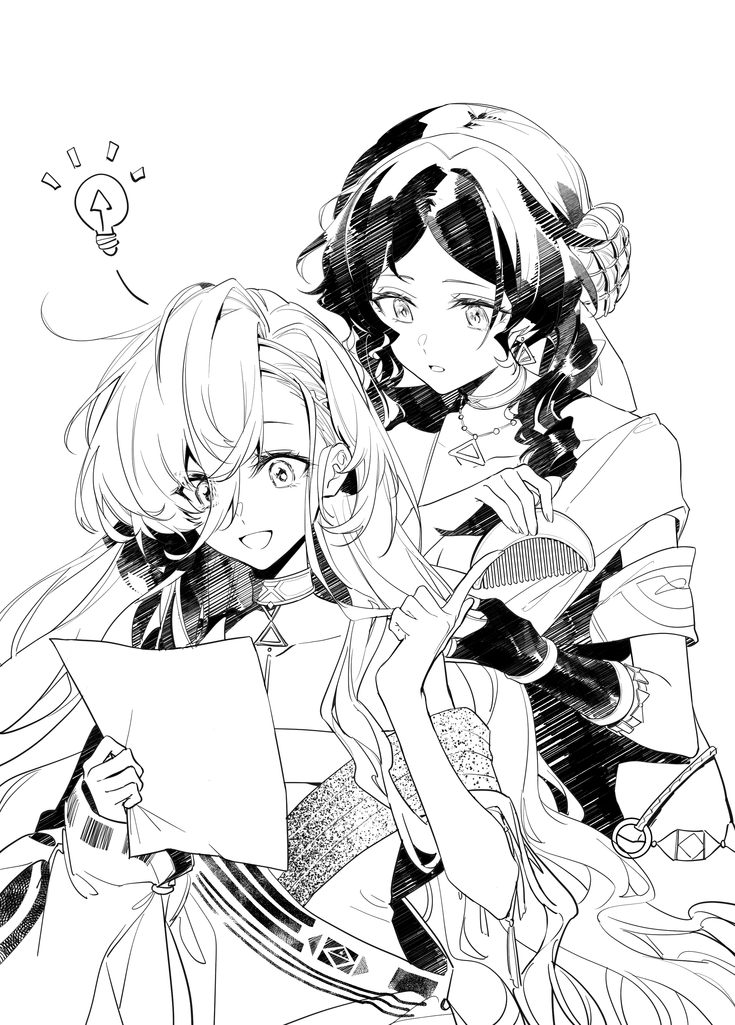 walluka, 37 (reverse:1999), sophia (reverse:1999), reverse:1999, absurdres, highres, 2girls, :d, :o, ancient greek clothes, brushing another's hair, brushing hair, choker, comb, fingerless gloves, gloves, greco-roman clothes, greyscale, hair between eyes, hair bun, hands up, holding, holding comb, holding paper, index finger raised, light bulb, long hair, monochrome, multiple girls, open mouth, paper, reading, single glove, single side bun, smile, toga, upper body, very long hair, white background