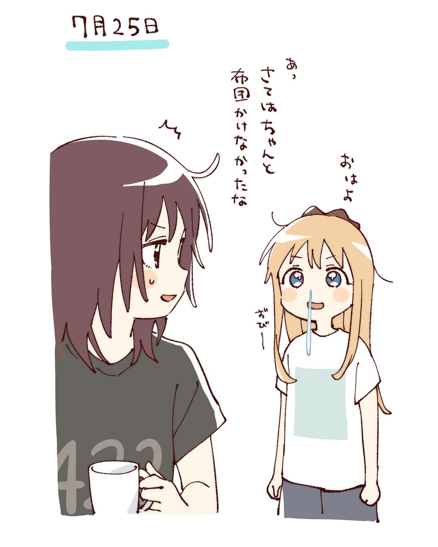 namori, funami yui, toshinou kyouko, yuruyuri, hashtag-only commentary, highres, translation request, 2girls, :d, black shorts, blonde hair, blue eyes, blush stickers, bow, brown bow, brown eyes, brown hair, cropped legs, green shirt, hair bow, long hair, multiple girls, open mouth, runny nose, shirt, short hair, short sleeves, shorts, simple background, smile, snot, sweatdrop, v-shaped eyebrows, white background, white shirt