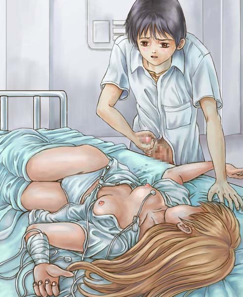 ikari shinji, souryuu asuka langley, neon genesis evangelion, the end of evangelion, 1boy, 1girl, bandages, bed sheet, black hair, blouse, blush, breasts, brown eyes, censored, collared shirt, cum, male masturbation, masturbation, nipples, open clothes, open mouth, open shirt, orange hair, panties, penis, red hair, shirt, sleeping, small breasts, torn clothes, underwear