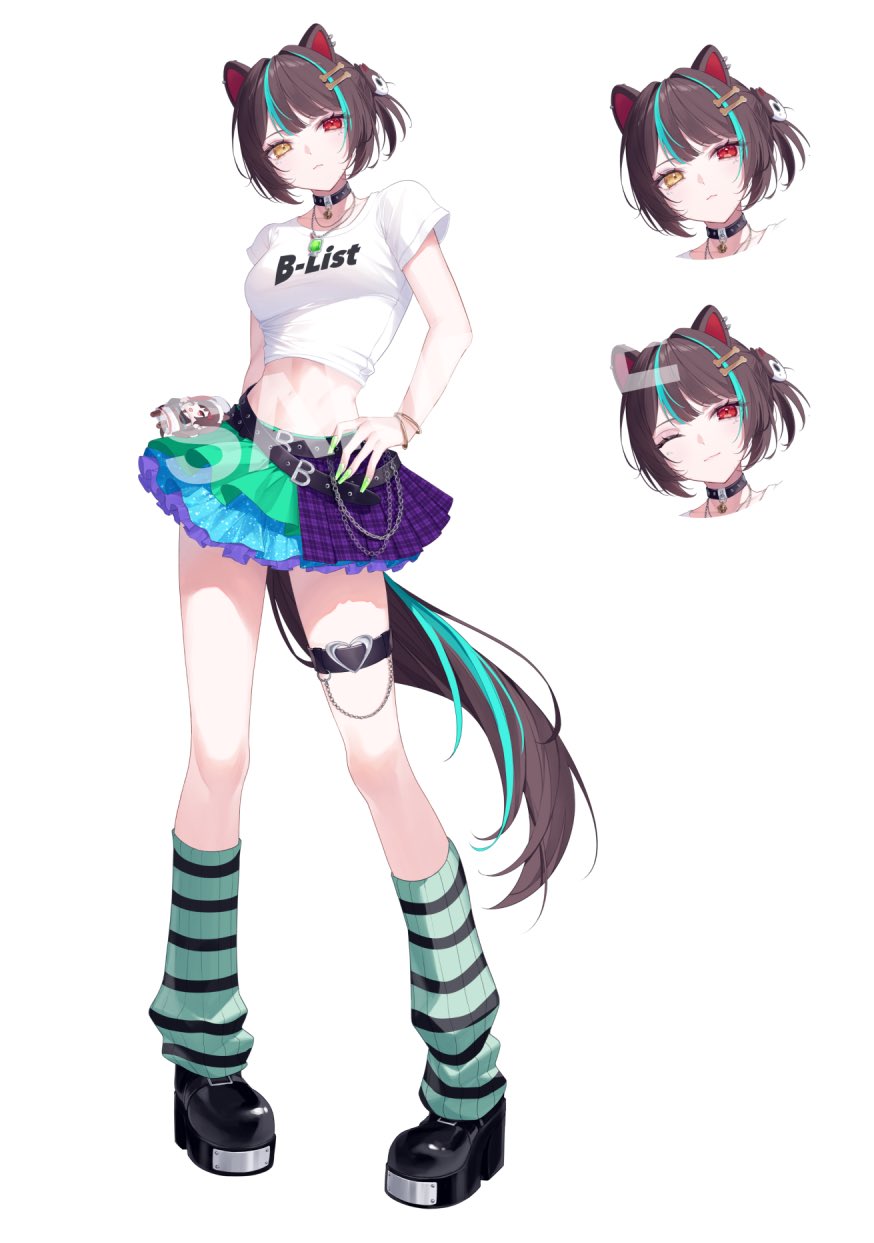 yuki hare1130, inui toko, nijisanji, highres, official art, 1girl, animal ear piercing, animal ears, animal hair ornament, anti-eyebrow piercing, aqua hair, aqua tail, bell, belt, black belt, black collar, black shoes, blue skirt, bone hair ornament, bracelet, breasts, brown hair, brown tail, chain, closed mouth, clothes writing, collar, cropped shirt, dog ears, dog girl, dog tail, eyelashes, face piercing, frilled skirt, frills, full body, green nails, green skirt, green socks, hair ornament, hand on own hip, head tilt, heterochromia, jewelry, jingle bell, layered skirt, looking at viewer, loose socks, medium breasts, midriff, miniskirt, multicolored hair, multiple belts, multiple bracelets, multiple necklaces, multiple views, nail polish, navel, neck bell, official alternate costume, one eye closed, pendant, pendant collar, piercing, platform shoes, ponytail, purple skirt, red eyes, sample watermark, shirt, shoes, short ponytail, short sleeves, simple background, skirt, smile, socks, song name, standing, streaked hair, striped clothes, striped socks, t-shirt, tail, thigh strap, two-tone hair, two-tone tail, very long fingernails, virtual youtuber, watermark, white background, white shirt, yellow eyes