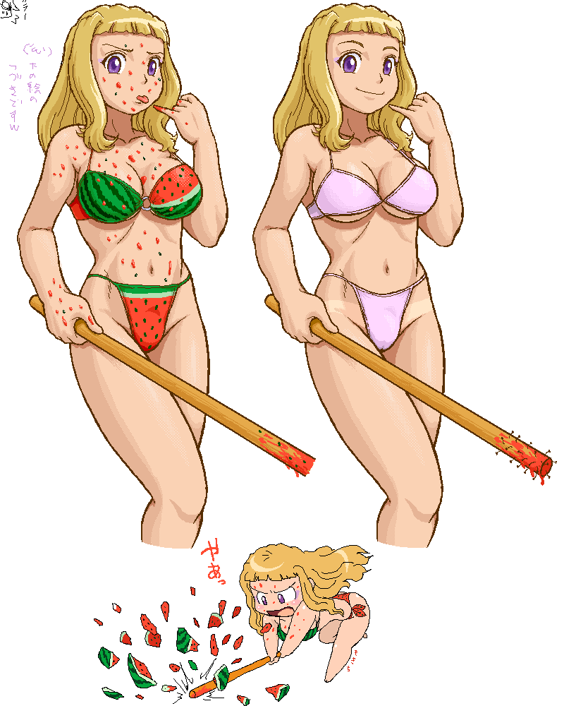 mochi-iri kinchaku, suzushiro haruka, my-hime, aliasing, translation request, 00s, 1girl, baseball bat, bikini, blonde hair, blue eyes, eyeshadow, food, food-themed clothes, food print, fruit, fruit print, long hair, makeup, nail (hardware), nail bat, stick, suikawari, swimsuit, watermelon, watermelon print, weapon